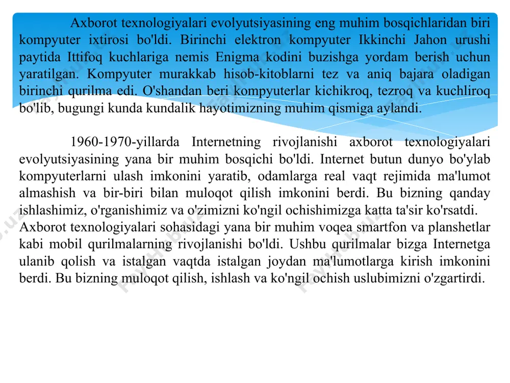 dan qog'oz ixtirosi yozma materiallarni ommaviy ishlab chiqarishga imkon berdi, bu esa bilim va ma'lumotlarni katta masofalarda almashishni osonlashtirdi. xitoyliklar, shuningdek, matnlarning bir nechta nusxalarini ishlab chiqarish imkonini beradigan yog'och blokli bosma nashrlarni ham ishlab chiqdilar. keyinchalik bu texnika 15-asrda bosmaxonani ixtiro qilgan evropaliklar tomonidan moslashtirildi. bosmaxona bilim va axborotni tarqatishda inqilob qildi, bu esa nisbatan qisqa vaqt ichida katta hajmdagi kitob va risolalar chiqarish imkonini berdi. mexanik bosqich-axborot texnologiyalari rivojlanishining mexanik bosqichi qo'l mehnatidan ma'lumotlarni qayta ishlashning mexanizatsiyalashgan usullariga sezilarli o'tishni ko'rsatdi. ushbu bosqich oddiy hisob-kitoblarni amalga oshiradigan va muntazam ishlarni avtomatlashtiradigan mashinalarni ishlab chiqish bilan tavsiflanadi. hisoblash uchun birinchi mexanik qurilmalar abak va slayd qoidasi ishlatilgan. miloddan avvalgi 500-yillarda xitoyda ixtiro qilingan abak arifmetik hisob-kitoblarni amalga oshirish uchun ishlatiladigan munchoq qatorlaridan iborat ramkadan iborat oddiy qurilma. 17-asrda ixtiro qilingan slayd qoidasi hisob-kitoblarni amalga oshirish uchun logarifmik shkalalardan foydalanadigan yanada murakkab qurilma. mexanik hisoblashning keyingi yirik rivojlanishi charlz bebbijning …