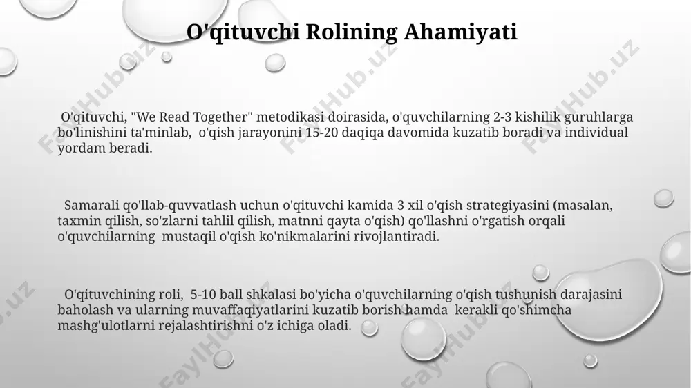 larni o'z ichiga oladi. "birgalikda o'qish" metodikasi o'quv jarayonida 70% amaliy mashg'ulotlar va 30% nazariy ma'lumotlarni o'z ichiga oladi, bu esa o'zlashtirish samaradorligini oshiradi. "birgalikda o'qish" metodikasida o'qituvchi va o'quvchilar o'rtasidagi 3:1 nisbatdagi o'zaro ta'sir muhim ahamiyatga ega bo'lib, samarali hamkorlikni ta'minlaydi. e'tiboringiz uchun rahmat @taqdimot_robot image1.png image2.png image3.png