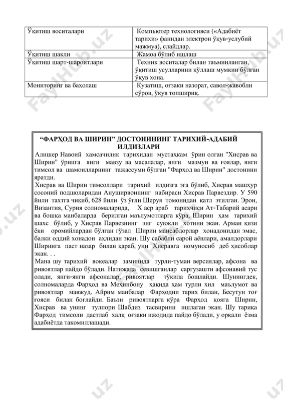 иш шакли жамоа бўлиб ишлаш ўқитиш шарт-шароитлари техник воситалар билан таъминланган, ўқитиш усулларини қўллаш мумкин бўлган ўқув хона. мониторинг ва баҳолаш кузатиш, оғзаки назорат, савол-жавобли сўров, ўқув топшириқ. “фарҳод ва ширин” достонининг тарихий-адабий илдизлари алишер навоий хамсачилик тарихидан мустаҳкам ўрин олган "хисрав ва ширин" ўрнига янги мавзу ва масалалар, янги мазмун ва ғоялар, янги тимсол ва шамоилларнинг тажассуми бўлган "фарҳод ва ширин" достонини яратди. хисрав ва ширин тимсоллари тарихий илдизга эга бўлиб, хисрав машҳур сосоний подшоларидан ануширвоннинг набираси хисрав парвездир. у 590 йили тахтга чиқиб, 628 йили ўз ўғли шеруя томонидан қатл этилган. эрон, византия, сурия солномаларида, x аср араб тарихчиси ат-табарий асари ва бошқа манбаларда берилган маълумотларга кўра, ширин ҳам тарихий шахс бўлиб, у хисрав парвезнинг энг суюкли хотини экан. арман қизи ёки оромийлардан бўлган гўзал ширин мансабдорлар хонадонидан эмас, балки оддий хонадон аҳлидан экан. шу сабабли сарой аёнлари, амалдорлари ширинга паст назар билан қараб, уни хисравга номуносиб деб …