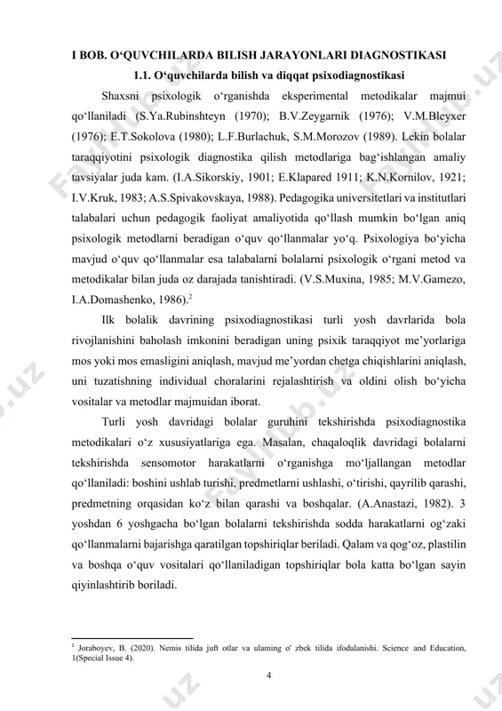 yatlilik sur’atini xarakterlaydi. ma’lumki, bola hayotining dastlabki yillarida jismoniy va ruhiy sifatlarining rivojlanishida sensomotor faollik bosh miya faoliyatida shartli reflektor aloqalarning mustahkamlanishiga imkon beradi (ya.p.frumkin, s.m.livshits, 1979). ular shu bilan birga temperament, iroda, hissiyot xususiyatlarining hamda bilish psixik jarayonlarining rivojlanishiga yordam beradi (e.a.golubeva, 1980; e.b.ayurova, 1986).[footnoteref:3] [3: журабоев, б. (2020). мотивированные люди для удовлетворения своих собственных потребностей. academic research in educational sciences, (3).] masalan, 1-2 yoshli bolalar sensomotor sohasini tekshirishda an’anaviy metodlardan foydalanib, u yoki bu harakat malakalarining qanday shakllanganligiga, ularning ma’lum yosh davridagi o‘rtacha ko‘rsatkichi qanchalik mosligiga e’tibor beriladi. ko‘pincha bu tadqiqotlar bolalar motor harakat rivojlanishidagi kechikishlarni aniqlashga qaratilgan bo‘ladi. harakat rivojlanishida kechikish mavjudligi keyinchalik bolaning barcha psixik taraqqiyotida kechikish sodir bo‘lishining ob’ektiv zamini sifatida qaralishi kerak. shu bilan birga, erta yurgan bola o‘z tengdoshlarini barcha tomondan qoldirib ketadi, deb faraz qilish ham xatodir. bola hayotining dastlabki ikki yilidagi umumiy jismoniy taraqqiyot bolaning keyingi aqliy taraqqiyotini belgilamaydi (p.h.mussen, 1987). …