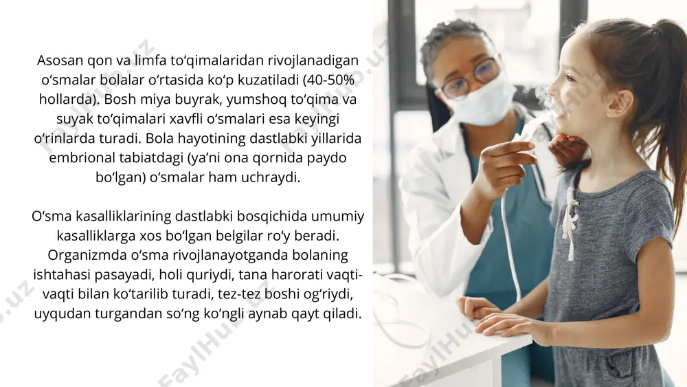 rishlar (shaytonlash, tana muvozanatining buzilishi, qo‘l va oyoqlarda falajlanishlar) kuzatiladi. o'sma belgilari xavfli limfomalar xavfli limfomalar – limfoid to‘qimalardan rivojlanadigan o‘smalar bo‘lib, bolalardagi o‘sma kasalliklarining 30 foizigacha tashkil etadi. bu turdagi o‘smalarga xojkin limfomasi (limfogranulematoz), va noxojkin limfomasi (limfosarkoma, retikulosarkomalar)ni kiritish mumikin. limfa tugunlarining bitta yoki bir nechta sohalarini kattalashishi kabi alomatlar bilan xavfli limfomalar boshlanadi. shundan so‘ng tana haroratining ko‘tarilishi, bolaning holsizlanib ozishi, ishtahasining yo‘qolishi va haddan ortiq terlashi singari holatlar ro‘y beradi. nefroblastomalar nefroblastomalar buyrak to‘qimasidan rivojlanadigan xavfli o‘sma bo‘lib, asosan 2 yoshgacha bo‘lgan bolalarda ko‘p kuzatiladi. onalar bolani cho‘miltirganda yoki qornini silaganda behosdan uning qorin bo‘shlig‘ida hosila borligini payqab qolishadi. shundan keyingina shifokorga murojaat etishadi. suyaklardagi xavfli o‘smalar suyaklardagi xavfli o‘smalar 6 foiz hollarda uchrab, asosan suyakning qattiq va xususiy qon tomirlarida rivojlanadi. bemorlar o‘zlarini jarohatlangan hisoblab, travmatologlarga borishadi va o‘sma rivojlanayotgan sohaga gipsli bog‘lam qo‘ydirishadi, hatto fizioterapevtik muolajalar o‘tkaziladi. bu xildagi davolash esa o‘smalarning tezda rivojlanib …