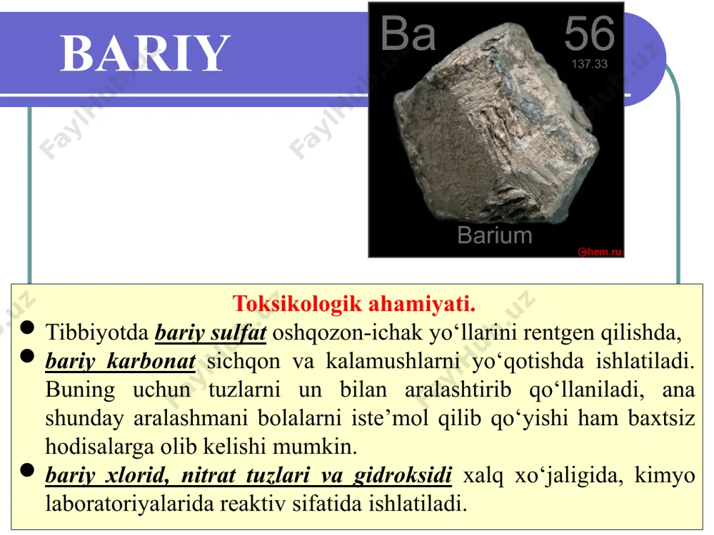 tillyat yodning to‘yingan spirtli eritmasiga yig‘iladi. odatda 100 ml distillyat yig‘iladi va og‘zi berk holda 30 daqiqa saqlanadi va suv hammomida quriguncha parlatiladi: pb(c2h5)2+ i2 ---> pbi2 + 2c4h10 qoldiqdagi pbi2 nitrat kislotasida eritilgach, quritiladi. qoldiqdagi pb(no3)2 - suvda eritilib reaksiya yordamida tekshiruv o‘tkaziladi. 100 g ob’ekt tarkibida 0,3 g teq bo‘lsa, zaharlanish alomati bor deb hisoblanadi. 2. o‘simlik ob’ektlari (un, non, krupadan) ajratib olish buning uchun ob’ekt xloroform (yoki boshqa organik erituvchi) bilan 2 soat bo‘ktiriladi, filtrlanib, filtratga 1 g yod kristallari qo‘shiladi va 30 daqiqadan so‘ng quriguncha parlatiladi. qoldiq sulfat va nitrat kislotasi bilan parchalanadi (mineralizatsiyalanadi), azot oksidlaridan tozalanadi va pb+2 ioniga tekshiriladi. 3. benzin va kerosinlardan aniqlash benzin (20 ml) 4% li yodning spirtdagi eritmasi (20 ml) bilan aralashtiriladi va 30 daqiqa o‘tgach quriguncha porlatiladi. qoldiq pb+2 ioniga tekshiriladi. marganes ishlatilishi. marganes elementi erkin holda elektrodlar tayyorlashda, uning birikmalari esa idish-tovoqlarni sirlashda, to‘qimachilikda matolarni bo‘yashda ishlatiladi. marganes …