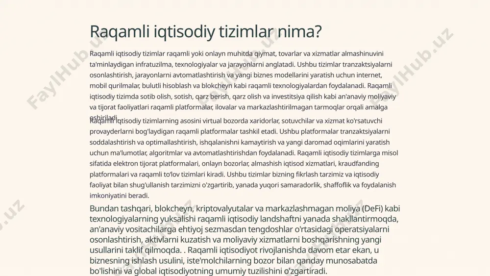 atformalar tashkil etadi. ushbu platformalar tranzaktsiyalarni soddalashtirish va optimallashtirish, ishqalanishni kamaytirish va yangi daromad oqimlarini yaratish uchun ma'lumotlar, algoritmlar va avtomatlashtirishdan foydalanadi. raqamli iqtisodiy tizimlarga misol sifatida elektron tijorat platformalari, onlayn bozorlar, almashish iqtisod xizmatlari, kraudfanding platformalari va raqamli toʻlov tizimlari kiradi. ushbu tizimlar bizning fikrlash tarzimiz va iqtisodiy faoliyat bilan shug'ullanish tarzimizni o'zgartirib, yanada yuqori samaradorlik, shaffoflik va foydalanish imkoniyatini beradi. bundan tashqari, blokcheyn, kriptovalyutalar va markazlashmagan moliya (defi) kabi texnologiyalarning yuksalishi raqamli iqtisodiy landshaftni yanada shakllantirmoqda, an'anaviy vositachilarga ehtiyoj sezmasdan tengdoshlar o'rtasidagi operatsiyalarni osonlashtirish, aktivlarni kuzatish va moliyaviy xizmatlarni boshqarishning yangi usullarini taklif qilmoqda. . raqamli iqtisodiyot rivojlanishda davom etar ekan, u biznesning ishlash usulini, iste'molchilarning bozor bilan qanday munosabatda bo'lishini va global iqtisodiyotning umumiy tuzilishini o'zgartiradi. 2 raqamli iqtisodiy tizimlarning asosiy komponentlari raqamli iqtisodiy tizimlar iqtisodiy faoliyat, qiymat almashinuvi va moliyaviy operatsiyalarning yangi modellarini yaratish uchun birgalikda ishlaydigan bir nechta asosiy komponentlardan iborat. ushbu tizimlarning zamirida ilg'or …