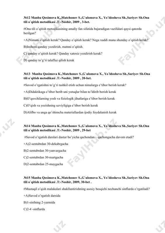 ,g`ulomova x., yo`ldosheva sh.,sariyev sh.ona tili o`qitish metodikasi .t:-noshir, 2009 , 60-bet. #savod o’rgatish jarayonida darslar predmetiga ko’ra turlari qaysi qatorda berilgan? +a) “alifbe” darsligi asosida o’qish darslari. “yozuv daftari” asosidagi yozuv darslari b)o’rgatish darsligi asosidagi o’qish darslari c)ona tili darsligi asosidagi yozuv darslari. o’qish kitobi d)yozuv daftari asosida yozuv darslari. o’qish darslari asosidagi o’qish darslari №19 manba qosimova k.,matchonov s.,g`ulomova x., yo`ldosheva sh.,sariyev sh.ona tili o`qitish metodikasi .t:-noshir, 2009 ,33-bet . #alifbegacha tayyorgarlik davri qancha hafta o’tkaziladi? +a)2 hafta b)5 kun c)1 hafta d)3 hafta №20 manba qosimova k.,matchonov s.,g`ulomova x., yo`ldosheva sh.,sariyev sh.ona tili o`qitish metodikasi .t:-noshir, 2009 , 33-bet. #alifbegacha tayyorgarlik davri vazifalari qaysi qatorda to’g’ri berilgan? +a)o’quvchilarni maktab, sinf bilan tartib-intizom qoidalari bilan tanishtirish b)o’quvchilarni undosh tovush va harflar bilan tanishtirish c)sonor tovushlarni o’rgatish d)o’quvchilarni unli tovushlar va harflar bilan tanishtirish №21 manba qosimova k.,matchonov s.,g`ulomova x., yo`ldosheva sh.,sariyev sh.ona tili o`qitish metodikasi .t:-noshir, 2009 , …