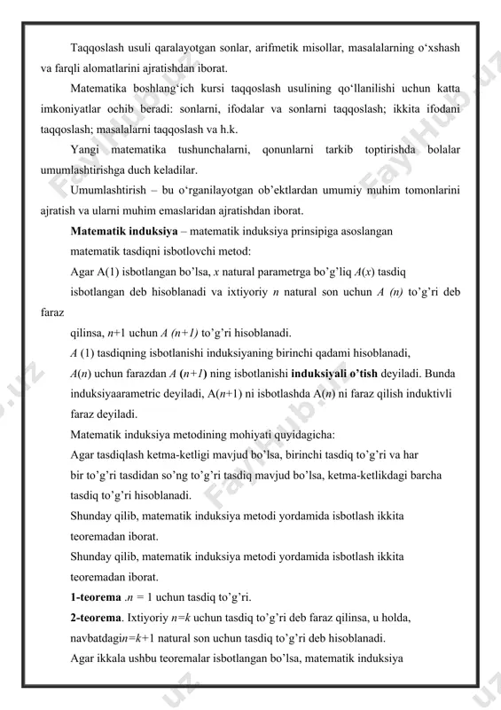 n katta yoki teng m natural sonlar uchun induksiya bo’yicha tasdiqni isbotlash zarur bo’ladi. bunday holda isbotlash quyidagicha bajariladi. 1-teorema. n = m da tasdiq to’g’ri. 2-teorema. n=k da tasdiq to’g’ri berilgan, k ≥m. n = k +1 da tasdiq o’rinli ekanligini isbotlash lozim. matematik induksiya usuli yordamida ayniyatlarni isbotlash. matematik induksiya metodi matematikaning turli tuman xatto bir-biridan juda olis sohalarida muvaffaqiyat bilan keng qo’llaniladigan metoddir. avvalo bu metod o’zining juda sodda bo’lgan g’oyasi bilan e’tiborga sazovordir. bu metod orqali ayniyatlarni isbotlash va yig’indi hamda ko’paytmalarni hisoblash mumkin. demak turli hil ayniyatlarni isbotlashda matematik induksiya metodini qo’llab isbotlangan misollar ko’rib chiqaylik. 1- misol. matematik induksiya metodidan foydalanib ushbu ayniyatni isbotlash kerak bo’lsin. 1+2+3+…+n= bu yerda va bundan keyin misoldagi tasdiqni a(n) deb belgilaymiz. 1. n=1 uchun 1=demak a(1) to’g’ri 2. n=k uchun 1+2+3+…+k= deb faraz qilib, n=k+1uchun 1+2+3+…+k+(k+1)= ni isbot qilamiz. 1+2+3+…+k+(k+1)= demak, 1+2+3+…+n=dan iborat tasdiq har qanday n natural …