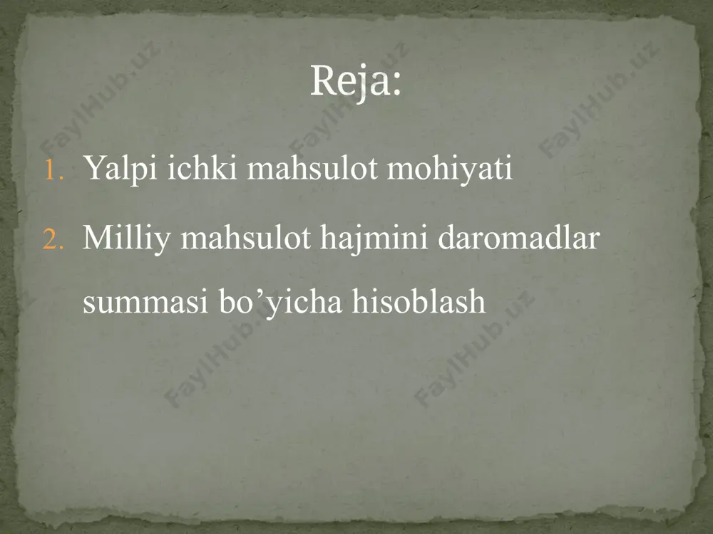 matlarning bozor narxidagi qiymatidir. joriy yildagi nominal yaimni real yaimga aylantirishning ancha oddiy va to’g’ridan-to’g’ri usuli nominal yaimni narx indeksi (ni)ga bo’lishdir, ya’ni: real yaim=nominal yaim yaim mamlakatlar orasida zarurat chog’ida birja nuqtalarida har qanday milliy valyutada kursga hisoblanishi yoki horijiy valyutalar yordamida qiymatlashtiriladi. bularni shunday qiymatlarga baholash uchun jahon bozorida paritet haridorlik qobiliyati (phq) (xalqaro qiyoslashni aniqligi yoki ortiqligini bilish uchun)taqdim etilgan. makroiqtisodiy ko’rsatkichlar orqali butun iqtisodiyotning holati, uning o’sishi yoki pasayishi tahlil qilinib, xulosa chiqariladi, ular yordamida davlat o’z iqtisodiy siyosatini belgilaydi. makroiqtisodiy ko’rsatkichlar orqali butun iqtisodiyotning holati, uning o’sishi yoki pasayishi tahlil qilinib, xulosa chiqariladi, ular yordamida davlat o’z iqtisodiy siyosatini belgilaydi. birinchi usul – bu yaimni hisoblashga qo’shilgan qiymatlar bo’yicha yondashuv. bunda milliy iqtisodiyotning barcha tarmoqlari bo’yicha yaratilgan qo’shilgan qiymatlar qo’shib chiqiladi. bu usul bilan hisoblangan yaim alohida tarmoq (va ishlab chiqarishlar) larning o’z mahsulotini yaratishdagi o’rnini va hissasini aniqlash imkonini beradi. ikkinchi usul - bu …