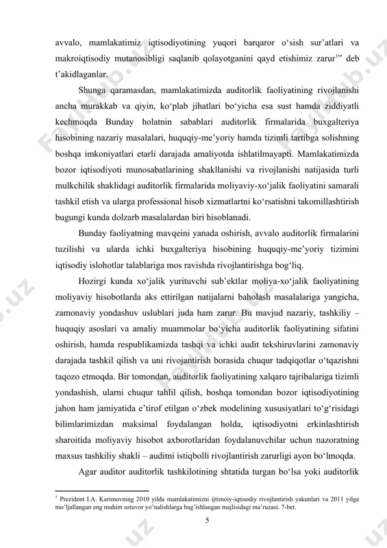 liy shakli – auditni istiqbolli rivojlantirish zarurligi ayon bo‘lmoqda. agar auditor auditorlik tashkilotining shtatida turgan bo‘lsa yoki auditorlik tashkiloti u bilan fuqarolik-huquqiy tusdagi shartnoma tuzgan bo‘lsa, u auditorlik tekshiruvi o‘tkazishga jalb etilishi mumkin. auditorlik faoliyatining maqsad va vazifalari tavsifidan kelib chiqib, uni quyidagicha tasniflash mumkin(1-chizma). auditorlik faoliyatini litsenziyalashtirish (ruxsatnoma berish) va auditor malaka sertifikatini berishning yangi tartibi joriy etildi. bunday chora-tadbirlarning amalga oshirilishi albatta auditorlik tekshirishlarning sifatini yanada yaxshilash imkoniyatini yaratdi. auditorlik tashkilotlarga auditorlik faoliyatini amalga oshirish uchun litsenziya mahsus vakolatli davlat organ – moliya vazirligi tomonidan beriladi va auditorlik faoliyatini maxsus ruxsatnoma (litsenziya) asosida amalga oshiriladi. auditorlik tashkilotlarida malaka sertifikatiga ega bo‘lgan auditorlar faoliyat ko‘rsatadi. o‘zbekiston respublikasda auditor malaka sertifikatini olish tartibi quyidagi talablar asosida amalga oshiriladi: - oliy iqtisodiy ma’lumotning buxgalteriya hisobi, auditorlik, moliyaviy yoki soliq nazorati sohalarida amaliy ish, dars berish staji kamida 3 yil bo‘lishi; - yoki oliy noiqtisodiy yoki o‘rta maxsus iqtisodiy ma’lumot bilan auditor, …