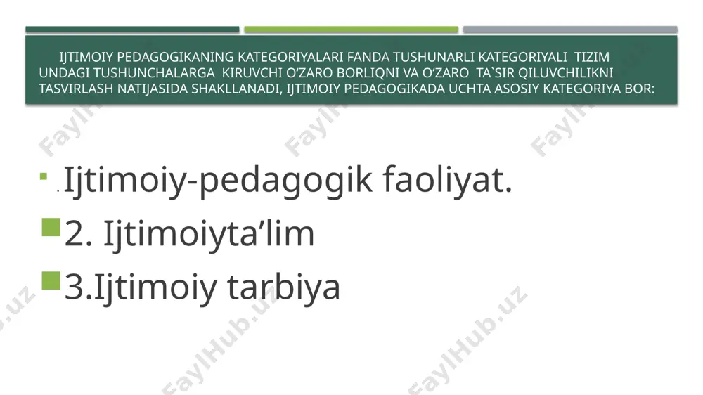 bo‘lib pedagogika, sotsiologiya, psixologiya va boshqa fanlarda o‘rganiladi. ijtimoiy tarbiyaning asosiy vazifasidir inson shaxsining sifati uning xatti - harakatlarida ko‘rinadi, shuning natijasida insonning xulq - atvori shakllanadi, agar qandayda bir sabab bilan ijtimoiybilim shakllanmagan bo‘lsa, demak munosabatlar shaxsning ijtimoiylashuv sifati ham shakllanmaydi. shu sababli ijtimoiy pedagogik faoliyat jarayonida shunday zaruriy sifatlar bolalarda shakllantirish talab qilinadi, bu ijtimoiy tarbiyaning asosiy vazifasidir. ijtimoiylashuv jarayoni ijtimoiylashuv jarayoni bolaning ijtimoiylashuvi xususan insonning ijtimoiy moslashuvi uning hamma narsani egallashga bo‘lgan ob’ektiv ehtiyoji jarayonidapaydo bo‘ladi. biroq bu bilan uzviy ravishda bola boshqa bir ob’ektiv ehtiyoj - o‘ziga xosligini namoyon qilish hissi ham shakllanadi. bolaning ijtimoiy rivojlanishi bolaning ijtimoiy rivojlanishi ikki o‘zaro bog‘liq yo‘nalishda olib boriladi: ijtimoiylashuv (ijtimoiy madaniy tajriba madaniyatni o‘zlashtirish) va individuallashuv (mustaqillik, nisbiy o‘ziga xoslikni qo‘lga kiritish). shu tarzda ijtimoiylashuv tushunchasi zamonaviy fanda moslashuv (birlashish) va individuallashuv jarayonlari bilan bog‘liq ijtimoiylashuv jarayonining mazmuni inson(bola)ning aniq bir jamiyat sharoitlariga moslashuvidir. ijtimoiylashuv agentlari ijtimoiylashuv agentlari. insonning …