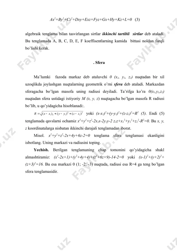 kil topgan sirt silindrik sirt deb ataladi. bunda l chiziq silindirik sirtning yo’naltiruvchisi, l to’g’ri chiziq esa uning yasovchisi deyiladi (1-chizma ). to’g’ri burchakli dekart koordinatlari sistemasida f(x,y)=0 (6) tenglama yasovchisi oz o’qqa paralel bo’lgan silindrik sirtni ifoda qiladi. shunga ko’ra f (x, z)=0 tenglama yasovchi oy o’qqa paralel silindrik sirtni va t (y, z)=0 esa yasovchisi ox o’qqa parallel bo’lgan silindirk sirtni ifoda qiladi. misollar: 1. ushbu tenglama bilan aniqlangan sirt elliptik silindir deb ataladi. uning yasovchisi oz o’qiga parallel, yo’naltiruvchisi yarim o’qlari a va b bo’lgan xoy tekislikda yotuvchi ellispdan iborat. xususiy holda a=b bo’lsa to’g’ri doiraviy silindirga ega bo’lamiz. uning tenglamasi x2+y2=a2(8) ko’rinishda bo’ladi (2-chizma). 2. ushbu (9) tenglama bilan aniqlangan silindrik sirt giperbolik silindir deb ataladi. bu sirtning yasovchi oy o’qqa parallel, yo’naltiruvchi esa oxz tekislikda joylashgan, haqiqiy yarim o’qi a va mavhum yarim o’qi b ga teng bo’lgan giperboladir (3-chizma). 3. ushbu y2=2pz tenglama bilan …