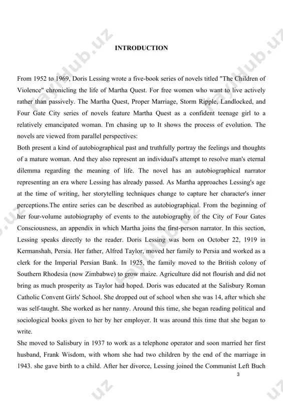 r homeland correspond in many ways to the situation in which lessing herself was involved. but martha's shifting thoughts and activities suggest something more important to the series as an extended work of fiction than one author's creation of a deliberately autobiographical persona. like anna wolfe in the notebook, martha is deliberately portrayed as the archetype of the sensitive modern woman, unsatisfied with the simple answers to sex, politics, etc. given by the male society. the only way out for such women, therefore, is to first defy convention and established principles of thought and action openly, and then in more dramatic and unchanging ways, such as: b. a conscious social action aimed at ameliorating this situation, which has been mistreated by the established society, and ultimately leaving the country and ending up somewhere else in the world, perhaps better. this self-proclaimed liberation, however, is a somewhat more complex response than …