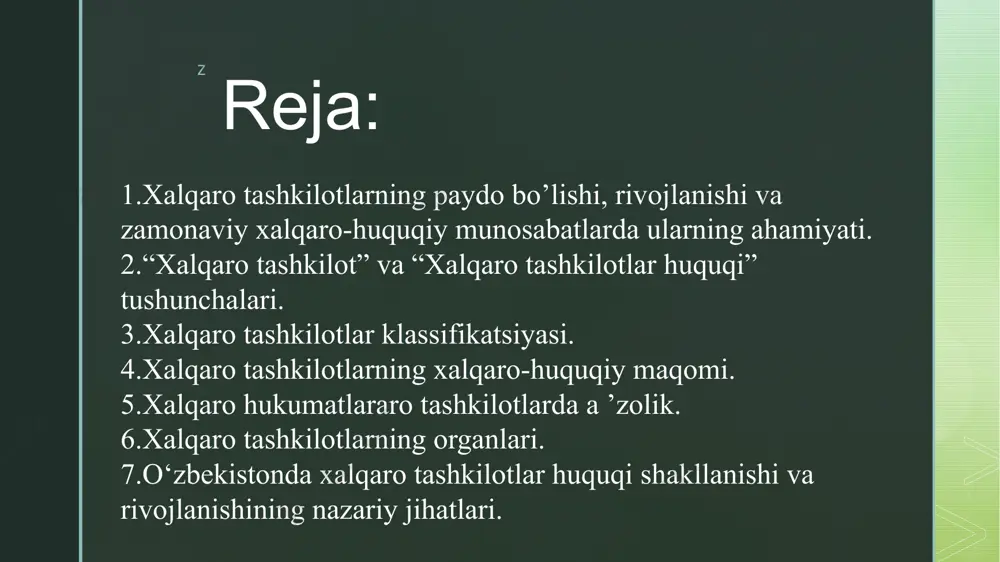 i harbiv-dengiz ittifoqi sifatida tashkil topgan. delos simmaxiyasi lakedemon simmaxiyasidan ikki jihati bilan ajralib turardi: birinchidan, ittifoqchilar delosdagi umumiy xazinaga aloliida badal (foros) to ‘lashar; ikkinchidan esa, ular gegemon bo'lgan afinaga qaram edi. vaqt 0‘tishi bilan delos simmaxiyasi afina davlatiga (arxega) aylandi. z 1939-yilda dunyoda 48ta hukumatlararo xalqaro tashkilot bo‘lgan. xalqaro assotsiatsiyalar ittifoqining ma’lumotlariga qaraganda, 1978-yili 2430ta xalqaro tashkilot bodgan bo‘lsa, hozirgi paytda ularning soni 20 mingdan oshib ketgan.2 xalqaro tashkilotlar taraqqiyotining tarixida burilish nuqtasi 1945-yili birlashgan millatlar tashkilotining tuzilishi hisoblanadi. xx asrning ikkinchi yarmida xalqaro tashkilotlarning soni juda tez o'sgan va yangidan yangi xalqaro tashkilotlar paydo bo‘lgan. xalqaro tashkilotlarning eng yorqin misoli bo'lgan mazkur bmt to'g'risida mamlakatimiz birinchi prezidenti 1.a.karimov ushbu tashkilotning 48-sessiyasida shunday degan edi: “bmt - bu xalqlarning tinch-totuv yashashga bo'lgan ezgu irodasining buyuk ramzi, insoniyat ma’naviy taraqqiyotining yorqin nishonasidir” z bugungi kunda bmt bilan bir qatorda, uning ixtisoslashgan tashkilotlari, yxht, nato, yl, mdh, shht kabi turli …
