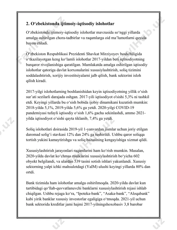2019-yil. - asosiy maqsadlar: ekologik masalalarni hal etish, atrof-muhitni muhofaza qilish. - vakillar palatasidagi oʻrinlar (soʻnggi saylov natijalari boʻyicha): 15 oʻrin. 5. **adolat sotsial-demokratik partiyasi**: - tashkil etilgan sana: 1995-yil. - asosiy maqsadlar: jamiyatda adolatni taʼminlash, ijtimoiy himoya tizimini rivojlantirish. - vakillar palatasidagi oʻrinlar (soʻnggi saylov natijalari boʻyicha): 20 oʻrin. oʻzbekistonda siyosiy partiyalar toʻgʻrisidagi qonunchilik parlament - oliy majlis tomonidan tasdiqlangan maxsus hujjatlar asosida tartibga solinadi. oʻzbekistonda siyosiy partiyalar saylovlarda faol ishtirok etib, davlat hokimiyati organlariga oʻz nomzodlarini koʻrsatadi. 2019-yilda oʻtkazilgan parlament saylovlari partiyalar oʻrtasida raqobatni kuchaytirgan muhim siyosiy voqea boʻldi. oʻzbekiston respublikasi konstitutsiyasida siyosiy partiyalarning jamiyatdagi oʻrni, ularning huquq va burchlari aniq belgilab qoʻyilgan. konstitutsiyaga muvofiq, siyosiy partiyalar aholini ijtimoiy faollikka jalb qilish, fuqarolarni milliy va demokratiya tamoyillariga asoslangan siyosatga tayanch qilib, ularga xizmat qilish maqsadida faoliyat yuritadi. mamlakatda koʻp partiyali tizim rivojlanayotgan boʻlsa-da, siyosiy partiyalar faolligini oshirish, ularning jamoatchilik orasidagi mavqeini mustahkamlash muhim ahamiyat kasb etadi. har bir …