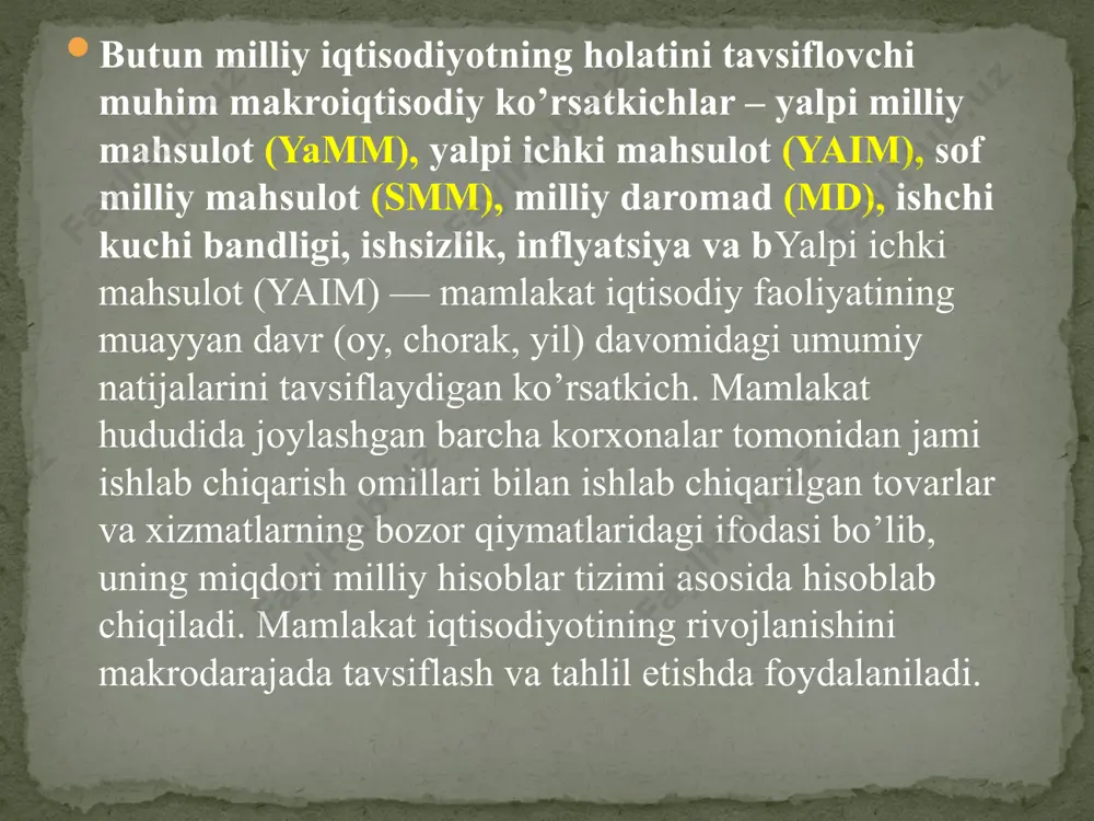 at muassasalarining dastlabki, ya‘ni taqsimlangan daromadlarini mehnat haqi va yalpi foydaga (renta, ssuda foizi va tadbirkorlik foydasi va h.k.) ajratish mumkin. milliy mahsulot hajmini daromadlar summasi bo’yicha hisoblash 1uy xo’jaliklarining iste‘mol sarflari +1daromad bilan bog’liq bo’lmagan sarf va to’lovlar a) amortizatsiyab) egri soliqlar+2tadbirkorlarning investitsion sarflari +2ish haqi+3tovar va xizmatlarning davlat xaridi+3renta to’lovlari+ 4chet elliklarsarfi+4foiz+5notijorat muassasalari sarfi+5foyda+6moddiy aylanma vositalar zaxirasidagi o’zgarishlar yaim яим =яққ ishlab chiqarish usuli. yaim ko‘rsatkichi ishlab chiqarish usuli bilan hisoblanganda, uning xajmi mamlakat iqtisodiy hududidagi barcha rezidentlar tomonidan yaratilgan yalpi qo‘shilgan qiymat (yaqq)lar yiindisiga teng bo‘ladi: yalpi ichki mahsulot ko‘rsatkichini ishlab chiqarish usuli bilan hisoblash uchun, dastlab yalpi ishlab chiqarish ko‘rsatkichi aniqlanishi lozim. mht uslubiyatiga asosan hisobot davrida mamlakat iqtisodiy hududidagi rezidentlar ishlab chiqargan barcha mahsulotlar va ko‘rsatilgan xizmatlarning joriy baholardagi qiymati yig‘indisiga - yalpi ishlab chiqarish deb ataladi. 1993 yildagi mhtning uchinchi xalqaro standarti bo‘yicha yalpi ichki mahsulot ko‘rsatkichini aniqlash uchun statistika amaliyotida quyidagi baholar qo‘llaniladi: …