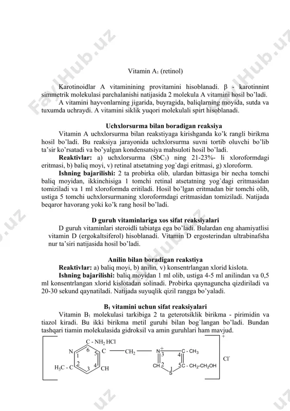 immetrik molekulasi parchalanishi natijasida 2 molekula a vitamini hosil bo’ladi. a vitamini hayvonlarning jigarida, buyragida, baliqlarning moyida, sutda va tuxumda uchraydi. a vitamini siklik yuqori molekulali spirt hisoblanadi. uchxlorsurma bilan boradigan reaksiya vitamin a uchxlorsurma bilan reakstiyaga kirishganda ko’k rangli birikma hosil bo’ladi. bu reaksiya jarayonida uchxlorsurma suvni tortib oluvchi bo’lib ta’sir ko’rsatadi va bo’yalgan kondensatsiya mahsuloti hosil bo’ladi. reaktivlar: a) uchxlorsurma (sbc3) ning 21-23%- li xloroformdagi eritmasi, b) baliq moyi, v) retinal atsetatning yog`dagi eritmasi, g) xloroform. ishning bajarilishi: 2 ta probirka olib, ulardan bittasiga bir necha tomchi baliq moyidan, ikkinchisiga 1 tomchi retinal atsetatning yog`dagi eritmasidan tomiziladi va 1 ml xloroformda eritiladi. hosil bo’lgan eritmadan bir tomchi olib, ustiga 5 tomchi uchxlorsurmaning xloroformdagi eritmasidan tomiziladi. natijada beqaror havorang yoki ko’k rang hosil bo’ladi. d guruh vitaminlariga xos sifat reaksiyalari d guruh vitaminlari steroidli tabiatga ega bo’ladi. bulardan eng ahamiyatlisi vitamin d (ergokaltsiferol) hisoblanadi. vitamin d ergosterindan ultrabinafsha nur …