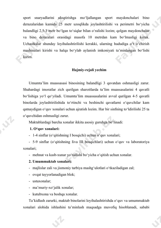 4 sinflar uchun o‘quv seksiyalari boshqa yoshdagi guruh o‘quvchilari uchun mo‘ljallangan xonalar va kabinetlardan ajratilgan holda, alohida blok ko‘rinishida loyihalashtiriladi. ushbu blok tarkibiga sinf xonalaridan tashqari mehnat ta’limi ustaxonasi, uzaytirilgan kun guruhlari uchun universal xona, rekreatsiya xonasi va sanitariya bloki kiritiladi. 5-9 sinflar uchun o‘quv seksiyalari o‘quv kabinetlari va laboratoriyalar bazasida shakllantiriladi. o‘quv xonalari quyidagilardan iborat: ishchi zona (tahsil olayotganlar uchun o‘quv stollarining joylashuvi), o‘qituvchining ishchi zonasi, ko‘rgazmali o‘quv qo‘llanmalari va o‘qitishning texnik vositalari (o‘tv)ni joylashtirish uchun qo‘shimcha zona, o‘quvchilar yakka tartibda shug‘ullanishi uchun maxsus zona. umumta’lim maktablarining asosiy sinf xonalari uchun yorug‘lik bo‘yicha talab qilingan tomonlar janub va janubi-sharq hisolanadi. rassomlik, chizmachilik va rasm kabinetlari uchun yorug‘lik bo‘yicha tavsiya etilgan tomon – shimol. sxema-2 umumta’lim o‘rta maktabdagi xonalarning asosiy guruhlari o‘rtasidagi o‘zaro bog‘liqlik sxemasi a – 1-4 sinflar uchun o‘quv seksiyalari; b – 5-9 sinflar uchun o‘quv seksiyalari; v – mehnat ta’limi uchun xonalar guruhi; g – uzaytirilgan kun …