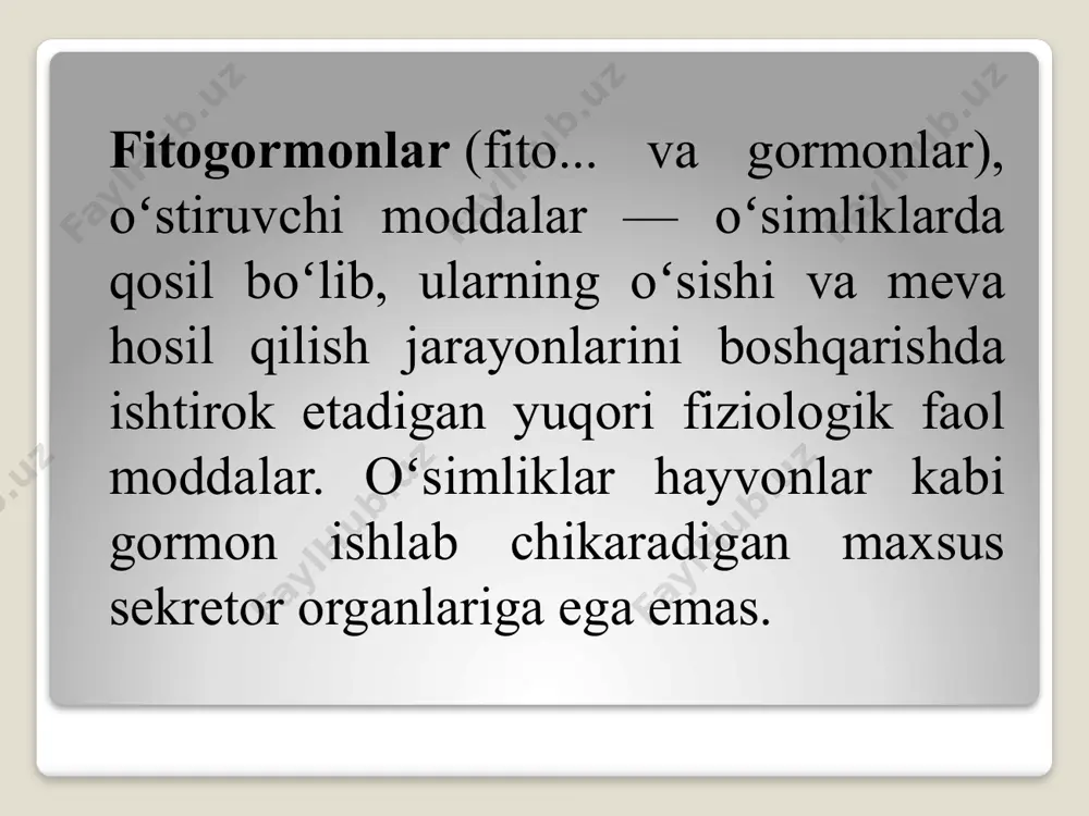 alar egilmaydi va to‘g‘ri o‘sa boshlaydi. maysalarning uchki qismini ochiq qoldirib boshqa hamma qismini qora qog‘az bilan o‘raganda ham ular yorug‘likka tomon egiladi. shuning uchun ch.darvin maysalarning uchki qismini yorug‘likni faol sezuvchi va sensorlik funksiyasini bajaradi, chunki o‘simliklarning o‘sish nuqtalarida qandaydir moddalar hosil bo‘ladi va ularga yorug‘lik ta’sir etadi degan xulosaga keladi. 1935 yilda f.kegel bu o‘simliklarda (keng tarqalgan) modda indolil -3-sirka kislota ekanligini aniqladi va bu guruh birikmalariga auksinlar deb nom berdi. auksin grekcha " auxano " - o‘sish ma’nosini bildiradi. birikma ko‘pincha geteroauksin (c10h9o2) deb ataladi.u o‘simliklar poyasi va kislota o‘sishiga faqat erkin holdagi auksinlar ta’sir etadi.bog‘langan auksinlarning fiziologik tabiati aniqlangan emas. auksinlar o‘simliklardagi muhim fiziologik jarayonlarda ishtirok etadi. ular hujayralarning bo‘linish va cho‘zilish jarayonlarini nafas olish,oqsillar,uglevodlar hamda nuklein kislotalarning sintezini faollashtiradi. umuman auksinlar hujayraning funksional faoliyatini kuchaytiradi gibberellinlar. bu birikmalar ham yuqori biologik faollikka ega bo‘lib, o‘simliklarning o‘sishida muhim rol o‘ynaydi. 1926 yilda yapon olimi kurosava sholining …