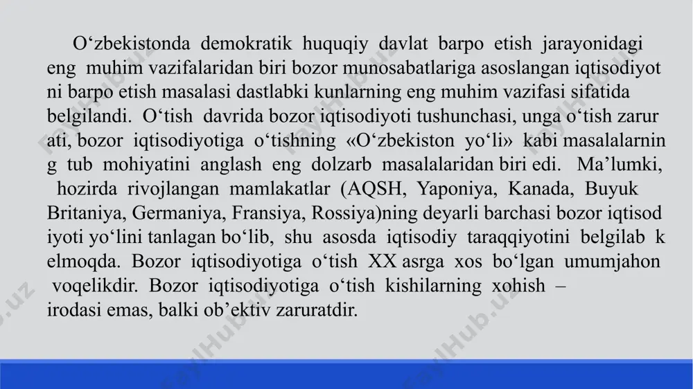 ladi 5 bozor iqtisodiyotiga o‘tish ob’ektiv iqtisodiy bosqichma – bosqich o‘tib borish qonunlarning talablarini hisobga olgan holda, o‘tmishdagi «inqilobiy sakrashlar»siz, ya’ni evolyusion yo‘l bilan, puxta o‘ylab, bosqichma – bosqich amalga oshirilishi kerak bozor munosabatlariga o'tishning asosiy shartlaridan biri sifatida mulkni davlat tasarrufidan chiqarish va xususiylashtirish amalga oshirish. bu bilan davlat monopoliyasi tugatilib, ma'muriy buyruqbozlik buzildi va bozor iqtisodiyotiga asos solindi, mulkdorlar sinfi shakllandi, xorijiy sarmoyadan foydalanib, ishlab chiqarish samaradorligi oshdi. mulkni xususiylashtirish va ko'p ukladli iqtisodni shakllantirish o'zbekistonda ikki bosqichda amalga oshirildi. birinchi bosqich 1992-1993 yillari amalga oshirildi. bu davrda asosan maishiy xizmat, savdo korxonalari, transport va qurilishning kichik korxonalari, qayta ishlash korxonalari mulk shakli o'zgartirilib, mulkning ijara, jamoa, aksiadorlik shakllari vujudga keldi. uy-joylar xususiylashtirildi. ikkinchi bosqich o'zbekiston respublikasi vazirlar mahkamasining 1994 yil 21 yanvardagi «iqtisodiy islohotlarni yanada chuqurlashtirish, xususiy mulk manfaatlarini himoya qilish va tadbirkorlikni rivojlantirish chora-tadbirlari to'g'risida»gi qarori asosida olib borildi. bu davrda ochiq aksiadorlik jamiyatlari tashqil etilib,, …