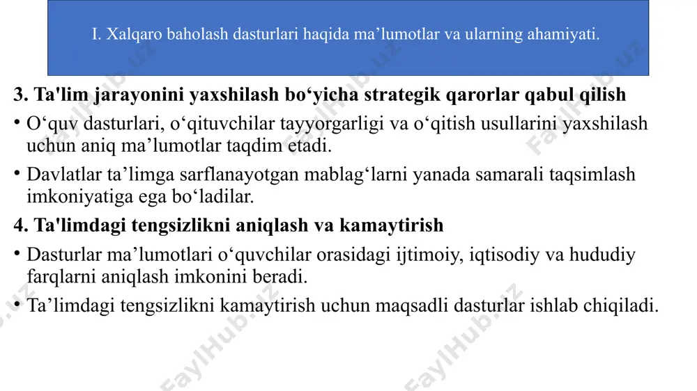 atlar: singapur, finlyandiya, janubiy koreya, yaponiya va xitoy (ba’zi hududlar, masalan, shanxay). ushbu davlatlar yuqori o‘rinlarni egallagan bo‘lib, innovatsion ta’lim usullari va o‘quv dasturlarini samarali amalga oshiradi. pisa tadqiqotlaridan olingan asosiy saboqlar: ta’lim sifatini yaxshilashda o‘qituvchilar malakasini oshirish muhim. o‘quvchilarga tanqidiy fikrlash va muammolarni hal qilish qobiliyatlarini rivojlantirishga yordam berish kerak. ijtimoiy tengsizlik ta’lim sifatiga ta’sir qiladi va bu muammolarni hal qilish zarur. ii. pisa (xalqaro talabalarni baholash dasturi) haqida ma’lumotlar. pirls (progress in international reading literacy study) — bu o'quvchilarning o'qish va tushunish ko'nikmalarini baholovchi xalqaro tadqiqotdir. u dunyoning turli mamlakatlaridagi 4-sinf o'quvchilarining o'qishdagi muvaffaqiyatlarini solishtirish va o'rganish uchun o'tkaziladi. pirls quyidagi asosiy tushunchalarga asoslanadi: o'qish va tushunish: pirls o'quvchilarning matnlarni tushunish va ularga javob berish qobiliyatini o'lchaydi. bu jarayon nafaqat o'quvchilarning o'qish tezligi, balki ularning matndagi ma'lumotlarni qanday ishlatishi va ularga qanday izoh berishi bilan ham bog'liq. 2.matn turlari: pirlsda o'qiladigan matnlar ikki asosiy turga bo'linadi: informatika matnlar …