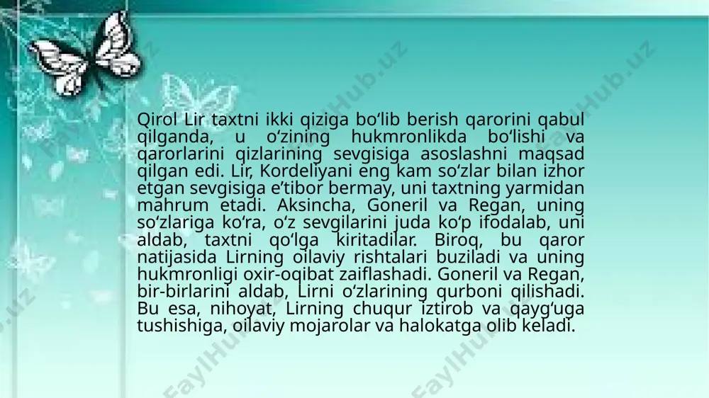 , nihoyat, o‘zining barcha xatolarini tushunib yetganidan so‘ng, kordeliyaga bo‘lgan sevgisini qayta tiklashga urinadi, lekin bu kech bo‘ladi. kordeliya, regan va gonerilning bir-biriga bo‘lgan xiyonatlari va shafqatsizliklari natijasida o‘limga uchraydi. kordeliya o‘ldirilganidan so‘ng, lir chuqur qayg‘u va iztirobga tushadi, uning ruhi asta-sekin o‘ladi. qirolning o‘zi ham oxir-oqibat o‘limga yetadi, uning o‘limi asar tugashining eng og‘ir va fojiali nuqtasidir. goneril va regan ham oxir-oqibat o‘zlarining aldovlari va o‘z-o‘zini yo‘q qilishlari bilan o‘ladi. asar oxirida, lir va uning atrofidagi asosiy qahramonlar o‘limi bilan tugaydi, bu esa asarning fojiali yakunini tashkil etadi. lir, o‘zining xatolarini tushunib yetganidan so‘ng, kordeliyasini qaytarishga va uning sevgisini tiklashga harakat qiladi, lekin kech bo‘ladi. kordeliya o‘ldirilgach, lir chuqur iztirobga tushadi va oxir-oqibat, uning yuragi uzoq kutish va qayg‘u natijasida yorilib o‘ladi. asosiy antagonistlar, goneril va regan ham o‘zlarining shafqatsizligi va aldovlari natijasida o‘limga uchraydi: goneril o‘z joniga qasd qiladi, regan esa o‘zining o‘limiga olib keladigan xiyonatlarni amalga oshiradi. …
