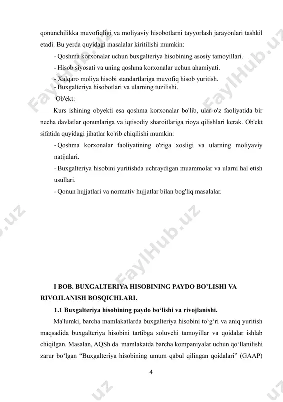 yalar o‘rtasida iqtisodiy aloqalar o‘rnatiladi. bu esa, xalqaro hamkorlikdagi sub'ektlar bir-biriga zid kelmaydigan bir xil tamoyil va qoidalar asosida moliyaviy hisobotlarni tayyorlash zarurligini taqozo qildi yoki yagona “biznes tili”ga muxtojlik seziladi. natijada, dunyoda barcha mamlakatlar uchun buxgalteriya hisobining xalqaro standartlari (bhxs) yaratildi va rivojlanmoqda. xech shubxasiz aytish mumkinki, bhxsning yaratilishi ham buxgalteriya hisobi nazariyasini takomillashiviga katta turtki bo‘ldi. yuqorida qayd etilgan, har bir mamlakatdagi mavjud turli iqtisodiy va huquqiy sharoitlar, shu bilan birga xx asrdan boshlab global iqtisodiyotning jadal rivojlanishi va jahon mamlakatlarining tobaro o‘ziga qamrab olayotganligi buxgaltekriya hisobiga ta'sir etuvchi ob'ektiv asoslar bo‘lib xizmat qiladi. sub'ektiv omillarga yangilikka o‘ch olimlarning shuxratparastlik illatlari hamda ayrim chalasavod olimlarning yengil-elpi ijodi sababchidir. o‘zgalarni mensimaslik, o‘zidan oldingi yaratilgan konsepsiyalarni tan olmaslik, ayrim hollarda esa masalaga yuzaki qarash natijasida hammaning ensasini qotiradigan mazmunsiz nazariyalar ham yaratilganligi ma'lum. albatta, ushbu kitobda buxgalteriya hisobining predmeti bilan bog‘liq barcha muammolarni muhokama qilib bo‘lmaydi. shuning uchun, biz ko‘pchilik …