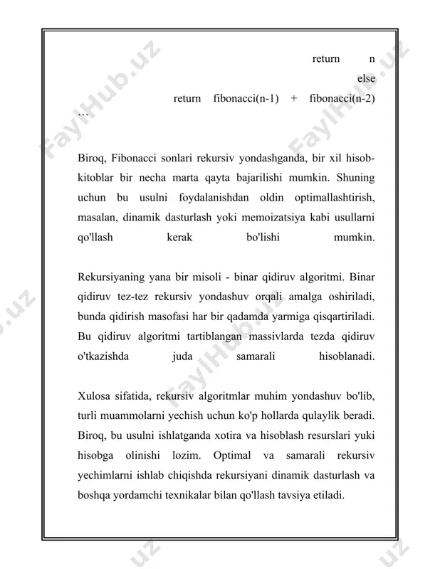 shda pascal uchburchagi xossasidan foydalanish mumkin. binomial koeffitsient \(\binom{n}{k}\) quyidagi rekursiya orqali hisoblanadi: \[ \binom{n}{k} = \begin{cases} 1, & \text{agar } k = 0 \text{ yoki } n = k, \\ \binom{n-1}{k-1} + \binom{n-1}{k}, & \text{boshqa holda}. \end{cases} \] bu tenglama matematika kombinatorial masalalarida ko‘p qo‘llaniladi, ayniqsa algebraik mashg‘ulotlarda. har bir binomial koeffitsient tasodifiy tanlangan $k$ ta elementni $n$ ta elementlardan tanlashning eng mujassamlashgan usulidir. rekursiyaga asoslangan yondashuv faqat matematik masalalarda emas, balki algoritmik yechish masalalarida ham keng qo‘llaniladi. misol uchun, eng qisqa yo‘lni topish yoki grafiklar bo‘yicha qidiruv algoritmlarini ishlab chiqishda ham rekursiyaga asoslaniladi. misol sifatida dfs (depth first search) algoritmini ko‘rsatish mumkin, uning yondashuvi rekursiv tarzda grafikning barcha elementlarini takroriy tekshirishi orqali amalga oshiriladi. ba'zi hollarda ortiqcha rekursiyadan qochish haqida o'ylash kerak, chunki rekursiv deep ko‘p miqdordagi resurslarni talab qilishi mumkin. shuning uchun, dinamik dasturlash kabi yondashuvlar ba'zan rekursiyani ancha samarali qilish uchun ishlatiladi. dinamik dasturlash asosan memorization …