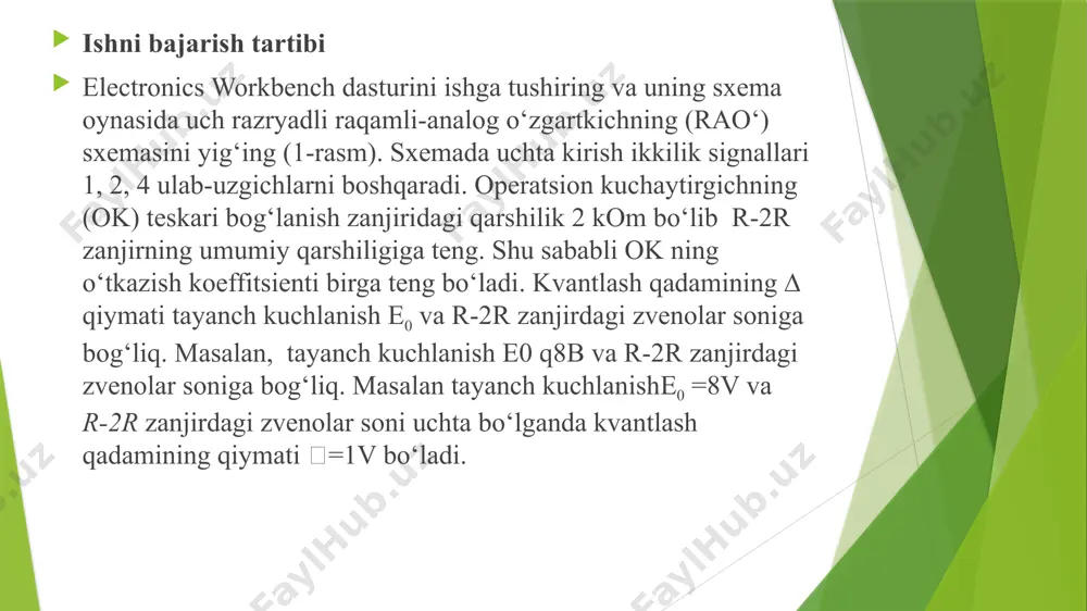 storga parallеl kondеnsator ulab past chastotalarning aktiv filtrini hosil qiling. kondеnsatorning sigimini o‘zgartirish yo‘li bilan uning chiqish kuchlanishida pog‘onalar bo‘lmaydigan qiymatini aniqlang (4-rasm). bajarilgan ish bo‘yicha hisobot yozish tartibi hisobotda quyidagilar kеltiriladi. 1. ishni bajarishdan maqsad. 2. tajribalarni o‘tkazishda foydalanilgan sxеmalar. 3. olingan natijalar jadval va grafiklar korinishida. 4. olingan natijalarning tahlili. 4. bajarilgan ish bo‘yicha xulosalar. nazorat uchun savollar: 1. raqamli analog o‘zgartirgichning asosini nima tashkil qiladi? 2. uch razryadli raqamli-analog o‘zgartkichning sxеmasini ko‘rsating? 3. raqamli analog o‘zgartirgichning ishlash printsipini tushuntiring image1.png image2.emf image3.png image4.png image5.png kirishdagi ikkilik signallar chiqishdagi o‘nli signal, uchiq ,v 0 0 0 0 0 1 0 1 0 0 1 1 1 0 0 1 0 1 1 1 0 1 1 1 /docprops/thumbnail.jpeg