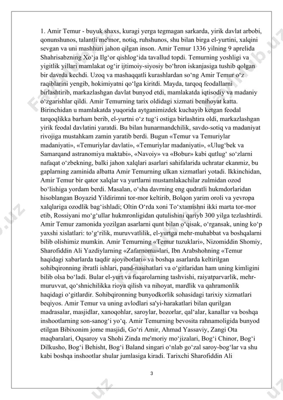 imizga boqing» deganda amir temur, avvalo, o‘z xalqiga, kelajak avlodlariga murojaat qilgan, desak yanglishmaymiz. har qanday jamiyat taraqqiyotini ilm-ma'rifatsiz tasavvur qilib bo‘lmaydi. buni teran anglagan sohibqiron hokimiyatga kelishi bilan chiqargan dastlabki farmonlarini madrasalar barpo etishga, ilm toliblariga nafaqalar tayinlash bilan boshlagan. qaysi bir shaharga tashrif buyurmasin amir temur avvalo o‘sha yerlik olimu fozillar bilan uchrashar, ular bilan suhbat qurar, turli mavzularda bahslashar edi. tarix, tibbiyot, matematika, astronomiya, me'morchilik sohalarida yuksak salohiyatga ega amir temur uchun bu tabiiy hol edi. amir temur ma'naviyatini belgilovchi bosh mezon uning butun umr bo‘yi amal qilgan «kuch - adolatda!» degan shioridir. bu shiorda amir temur hayoti va faoliyatining butun mazmuni mujassamlashgan, desak yanglishmaymiz. amir temurning ma'naviy va ma'rifiy qarashlari uning o‘z farzandlari, nabiralari, taxt vorislariga qoldirgan o‘gitlari «temur tuzuklari»da mujassamlashgan. bu bebaho tarixiy asarda, hokimlar va vazirlarning vazifalari, o‘z ishiga munosabati, aholi turli qatlami - raiyatning haq-huquqini himoya qilish, sipohlarga munosabat kabi hayotiy ma'naviy-axloqiy qonun-qoidalar …