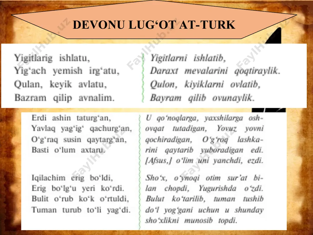 ch-e’tiqodlarining ifodasi juda ochiq ko‘rinadi. ularda turkiy xalqlarning hayot manzaral ari o‘z aksini topgan. yigitlarni ishga safarbar qilish, meva terish, ovchilikka yo‘naltirish qadimgi turmush tarzining ayrim lavhalaridir. «erdi ashin taturg‘an» she’rida esa marhumning boshqa kis hilar bilan munosabatlarida namoyon bo‘ladigan xislatlariga urg‘u beriladi. gap qabilaning sobiq jasur a’zosi haqida ketmoqda. u vafot etgan. ammo uning tirik paytidagi ko‘plab fazilatlari boshqalarga hali-hanuz namuna bo‘la oladi. bu yerda marhumn ing ochiqqo‘l, mehmondo‘st va qo‘rqmas, dovyurak, shijoatli ekani alohida ta’kidlanmoqda. «devon»da ko‘plab lirik qo‘shiqlar ham mavjud. ularda insonning qalb kechinmalari, nozik his-tuyg‘ulari ifodasi, tabiat va ona yurt manzaralari tasviri yetakchilik qiladi. tabiat manzaralarining o‘zidayoq nozik va jonli kuzatishlar ko‘zga tashlanadi. tabiat va yurt go‘zalligi vositasida ta- biat hod isalari tufayli inson ruhiyatida yuzaga keladigan turli o‘zgarish va kechinmalar juda ixcham, go‘zal va ta’sirchan ifoda etiladi. lirik qo‘shiqlarning bir qismi bevosita kishilarni qurshagan olam haqida. ularda turkiylarning doimiy yo‘ldoshi – otlar ham alohida mavqe …