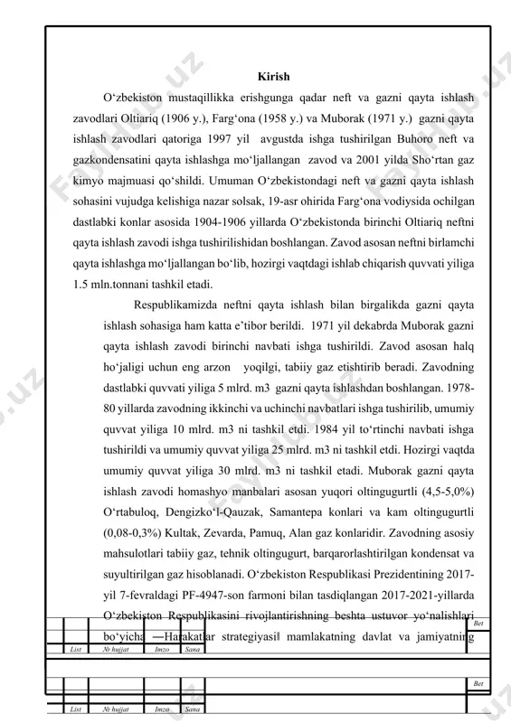 a kam oltingugurtli (0,08-0,3%) kultak, zevarda, pamuq, alan gaz konlaridir. zavodning asosiy mahsulotlari tabiiy gaz, tehnik oltingugurt, barqarorlashtirilgan kondensat va suyultirilgan gaz hisoblanadi. o‘zbekiston respublikasi prezidentining 2017-yil 7-fevraldagi pf-4947-son farmoni bilan tasdiqlangan 2017-2021-yillarda o‘zbekiston respublikasini rivojlantirishning beshta ustuvor yo‘nalishlari bo‘yicha ―harakatlar strategiyasi‖ mamlakatning davlat va jamiyatning rivojlanishi istiqbolini strategik rejalashtirish tizimiga sifat jihatdan yangi yondashuvlarni boshlab berdi. harakatlar strategiyasini ―xalq bilan muloqot va inson manfaatlari yili‖ da amalga oshirishga oid davlat dasturining tasdiqlanishi strategik rivojlanishning ustuvor yo‘nalishlarini amaliy ro‘yobga chiqarishning boshlang‘ich mexanizmi bo‘ldi. dastlabki sarhisoblar davlat organlari, nodavlat tashkilotlar, fuqarolik jamiyat institutlarining davlat dasturini samarali amalga oshirishga qaratilgan kuchlari, shu jumladan, xorijiy mutaxassislar va xalqaro eksportlarni faol jalb qilgan holda chinakam jipslashganligini ko‘rsatdi. hozirgi kunda harakatlar strategiyasining ijrosi yuzasidan davlat va jamiyat hayotining barcha sohalarini rivojlantirishga qaratilgan 15 ta qonun va 700 dan ortiq boshqa normativ-huquqiy hujjatlar qabul qilindi. bet list № hujjat imzo sana hususan, davlat va jamiyat qurilishi …
