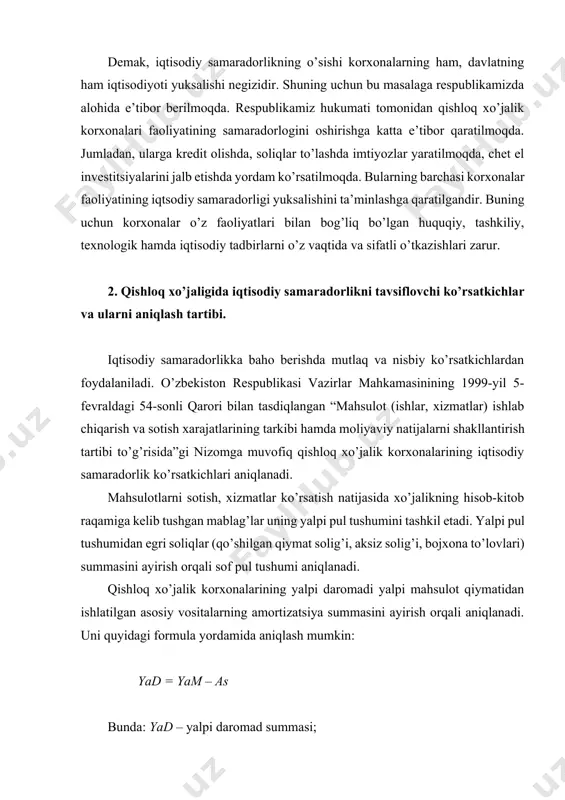 ning yalpi daromadi yalpi mahsulot qiymatidan ishlatilgan asosiy vositalarning amortizatsiya summasini ayirish orqali aniqlanadi. uni quyidagi formula yordamida aniqlash mumkin: yad = yam – as bunda: yad – yalpi daromad summasi; yam – yalpi mahsulot qiymati; as – ishlatilgan asosiy vositalarning amortizatsiya summasi. iqtisodiy samaradorlikka baho berishda foydalaniladigan asosiy ko’rsatkichlardan biri – foydadir. foyda summasi orqali ishlab chiqarishning iqtisodiy samaradorligi va korxonaning iqtisodiy salohiyatiga baho berish mumkin. iqtisodiy samaradorlikka baho berishda foydaning quyidagi turlari aniqlanadi: 1) yalpi foyda summasi. ushbu ko’rsatkich mahsulot sotishdan tushgan sof pul tushumidan sotilgan mahsulotlarning ishlab chiqarish tannarxiga kiruvchi xarajatlarni ayirish natijasida aniqlanadi. uni quyidagi formula yordamida aniqlash mumkin: yaf = st - tkx bunda: yaf – yalpi foyda summasi; st – sof pul tushumi; tkx – sotilgan mahsulotlarning ishlab chiqarish tannarxiga kiruvchi xarajatlar. 2) asosiy faoliyatdan olingan foyda. ushbu ko’rsatkichni aniqlash uchun yalpi foydadan davr xarajatlarini ayirish va asosiy faoliyatdan olingan boshqa daromadlarni qo’shish hamda …