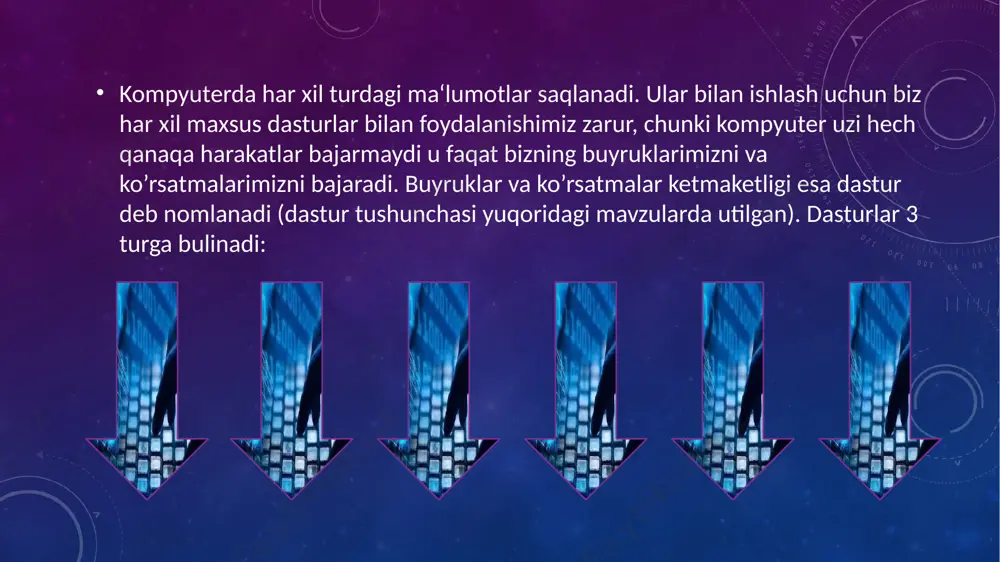 bazalari integral sxemalardan iborat bo‘lib, tezkorligi sekundiga 10 mingdan boshlab, shu avlodning eng oxirgi mashinalari 2-2.5 million amal bajarishgacha yetdi. xotirasining hajmi ham 8-10 ming baytdan( bu avlod xotira oichami xalqaro oicham baytlarda beriladigan boigan) 8 million baytlargacha yetdi. bu avlod mashinalariga yes (yagona seriya) kompyuterlari -“ec 1010’7 ’ec-1020", “ec-1030”,”ec-1035", “ec-1050”,”ec-1060",’’ec-66" larni misol qilib ko‘rsatish mumkin. iv- avlod (1981—1990) kompyuterlaming elementlar bazalari kata integral sxemalar (kls)dan iborat. ularning tezkorligi sekundiga 6,5 million amal bajarishgacha yetdi, xotirasinig hajmi 64m baytgacha kengaydi. bu avlod mashinalariga super ehmlar, “elbrus” 1-kb,’’ibm pc” kabi kompyuterlarni ko'rsatish mumkin. 1990-yillardan boshlab kompyuterlaming elementlar bazalarini o ‘ta katta integral sxemalar (ukis) tashkil qiladi. bu avlod kompyuterlari hozir keng qoilaniladi. ular elektron va yorugiik nurlari energiyasidan foydalanishga, tuzilishi esa lazer texnikasiga, nurlanuvchi diodlarga asoslangan. amal bajarish tezligi sekundiga bir necha milliardgacha, doimiy xotirasinig hajmi 10-100 gb gacha kengaydi. kompyuter arxitekturasi, odatda, arxitektura xususiyatlarining foydalanuvchi uchun katta ahamiyatga ega bo‘ladigan …