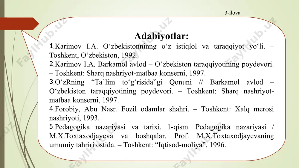 oniyatlariga moslashtirilmagan dars sifatli bо‘la olmaydi. darsga tayyorgarlik aniq sharoitlarda eng yuqori yakuniy natijaga erishishni ta’minlaydigan o‘quv jarayonini tashkil etishning komleks choralarini ishlab chiqishdir. 11a-ilova o‘qituvchining darsga tayyorgarligida quyidagi uchta bosqich kо‘zga tashlanadi: tashxislash bashoratlash loyihalash (rejalashtirish) nazorat uchun savollar: 1. ta’limning asosiy turlarini ta’riflab bering. 2. ta’limning individual shakli qanday? 3. sinf-dars tizimining afzalliklari nimalardan iborat? 4. zamonaviy darsga qanday talablar qо‘yiladi? 5. noan’anaviy darslar deganda nimani tushunasiz? 6. darsga tayyorgarlik qanday bosqichlarda kechadi? 12-ilova