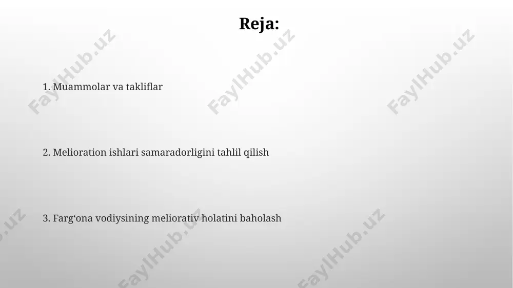 atxining 2-3 metrga ko'tarilishi tuproqning sho'rlanishiga va 15-20% hosildorlikning pasayishiga olib kelmoqda. davlat siyosati va qonunchilik bazasi сув хўжалиги объектларини хусусийлаштириш ва ижарага бериш бўйича қабул қилинган норматив-ҳуқуқий ҳужжатлар сони 10 тадан ошди, бу эса хусусий секторнинг ролини оширишга хизмат қилади. мелиоратив ишларни молиялаштиришда давлат бюджетидан ажратилган маблағларнинг ҳажми йилига ўртача 10% га ошганлиги кузатилмоқда, бу эса 2025 йилгача 150 млн ақш долларигача етиши кутилмоқда. ekologik xavfsizlik va atrof-muhit muhofazasi farg‘ona vodiysidagi o‘simliklarning 30% dan ortig‘i suv resurslari etishmasligi va tuproq sho‘rlanishi tufayli ekologik xavf ostida. so‘nggi 10 yil ichida vodiydagi tabiiy o‘rmonlarning 5% kamaygan, bu esa biologik xilma-xillikni pasaytirdi va tuproq eroziyasini kuchaytirdi. investitsiyalar va moliyalashtirish суғориш тизимларини модернизациялаш учун ажратилган 15 миллиард сўм маблағнинг 70%и давлат бюджетидан, қолган қисми хусусий сектор томонидан таъминланган. ферғона водийсидаги мелиоратив ҳолатни яхшилаш учун 2023 йилда 50 миллион ақш доллари миқдоридаги хорижий инвестициялар жалб этилиши режалаштирилган, бунинг 30%и грантлар шаклида. suv resurslari va …