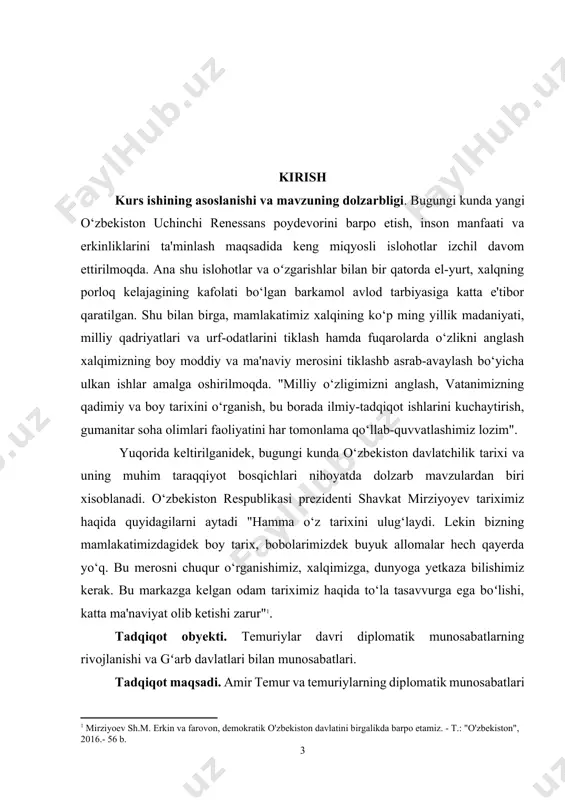 tida keng miqyosda tavar pul munosabatining rivojlanishi. tadqiqot mavzusi bo‘yicha adabiyotlar sharhi (tahlili). amir temur va temuriyler tarixini oʻrganishda ilmiy asarlarning oʻrni katta hisoblanadi jumladan, b.ahmedov[footnoteref:2], a.ziyo[footnoteref:3], sh.karimov, r.shamsutdinov[footnoteref:4], g.a.hidoyatov[footnoteref:5]. a.muhammadjonov[footnoteref:6], b.ahmedov[footnoteref:7] kabi ilmiy asarlar beqiyosdir. [2: ahmedov b. o’zbekiston tarixi manbalari, toshkent, 1991. 341-b] [3: azamat ziyo. o’zbek davlatchiligi tarixi. toshkent, 2000. 234-b] [4: karimov sh., shamsutdinov r. vatan tarixi, toshkent, 1997. 213-b] [5: hidoyatov g. a. mening jonajon tarixim. t, 1992.] [6: muhammadjonov. a. o’zbekiston tarixi, toshkent, 1994.] [7: ahmedov b. tarixdan saboqlar. t, 1994. 215-b] a.ziyo “o‘zbek davlatchiligi tarixi” asarida temuriylar davri elchilik aloqalari va davlatning diplamatiyasi haqida koʻplab ilmin maʼlumotlar berilgan. b.ahmedov “o‘zbekiston tarixi manbalari” asarida amir temur davri va uning davrida keng miqyosda diplamatik munosabatlarning olib borilishi ularning tariximizda tutgan oʻrni haqida keng maʼlumotlar keltirilgan. sh.karimov, r.shamsutdinov “vatan tarixi” asarida ham temuriylarning elchilik aloqalari, mironshoh, ulugʻbek davrlarida olib borilgan diplamatik munosabatlar haqida koʻplab maʼlumotlar olishimiz …