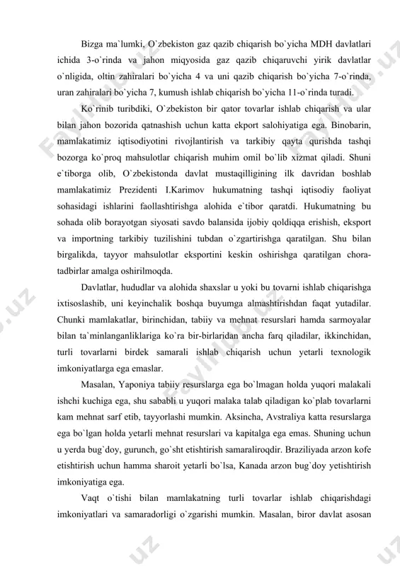 arzon kofe etishtirish uchun hamma sharoit yetarli bo`lsa, kanada arzon bug`doy yetishtirish imkoniyatiga ega. vaqt o`tishi bilan mamlakatning turli tovarlar ishlab chiqarishdagi imkoniyatlari va samaradorligi o`zgarishi mumkin. masalan, biror davlat asosan xomashyo ishlab chiqarishga ixtisoslashgan bo`lsa, keyinchalik ishchi kuchi sifatining o`sishi, asosiy kapitalning ko`payishi natijasida sanoat mahsulotlari, tayyor tovarlar ishlab chiqarishi mumkin. masalan, sho`rolar davrida o`zbekistonda yetishtirilgan paxtadan olingan tolaning 4-4,5 foizigina mamlakatda qayta ishlangan bo`lib, uning asosiy qismi arzon baholarda ko`proq rossiya ip-gazlama korxonalariga etkazib berilgan va boshqa xorijiy davlatlarga sotilgan edi. endilikda mamlakatga ko`p miqdorda xorijiy investitsiyalar va zamonaviy texnologiyalarning kirib kelishi tufayli paxta tolasidan tayyor mahsulotlar ishlab chiqarish va ularni jahon bozoriga olib chiqish yildan-yilga ko`payib bormoqada. xalqaro mehnat taqsimoti va tovar ayirboshlashda mamlakatlar, yuqorida ta`kidlanganidek, bir xil imkoniyat va sharoitlarga ega emaslar. bu hol ularning jo`g`rofiy joylashuvi, tabiiy resurslarining tarkibi va zahiralari, mamlakatning iqtisodiy rivojlanish darajasi, iqtisodiyotning tuzilishi, ichki bozorning hajmi kabi omillar bilan belgilanadi. ana …