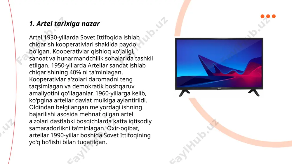 a kompaniyaning yillik daromadi taxminan 350 million aqsh dollariga yetdi. 2023-yilda esa bu ko‘rsatkich 400 million aqsh dollaridan ortdi. artelning asosiy mahsulotlari televizorlar, konditsionerlar, muzlatgichlar va kir yuvish mashinalaridan iborat. kompaniya eksport hajmini ham oshirib bormoqda, ayniqsa, mdh mamlakatlariga eksport qilish muhim o‘rin tutadi. shu bilan birga, 2023-yilda artelning ishlab chiqarish zavodlari soni 12 taga yetib, mamlakat bo‘ylab ishlab chiqarish quvvatlarini kengaytirdi. 2024-yilda daromad rejasi 450 million aqsh dollarini tashkil etadi. ... t.me/slaydai_bot 7. artelning eksport salohiyati 7. artelning eksport salohiyati yuqori. 2022-yilda, artel korporatsiyasi 50 million aqsh dollari miqdorida mahsulotni 20 dan ortiq mamlakatga eksport qildi. o'sish sur'ati o'rtacha yillik 15% ni tashkil qilmoqda. artel oʻz mahsulotlarini yevropa, osiyo va afrika bozorlari uchun yetkazib bermoqda. kompaniya 10 ta zavodga ega bo'lib, ularning umumiy ishlab chiqarish quvvati yiliga 4 million dona maishiy texnika tashkil qiladi. maqsadlari 2025-yilga borib eksport ulushini 50% ga yetkazishdir. innovatsion texnologiyalar va mahalliy xomashyodan foydalanish orqali …