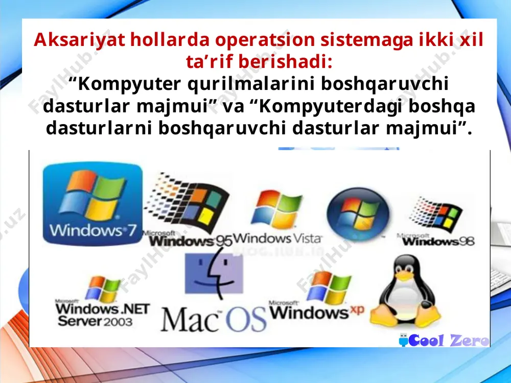 ko‘p masalali; • bir foydalanuvchili va ko‘p foydalanuvchili. bir foydalanuvchili operatsion sistemalar kompyuterda faqat bir kishining ishlashiga imkon beradi. bu holda, albatta, bir necha foydalanuvchi kompyuterdagi axborotlardan foydalanish uchun navbat bilan ishlashi mumkin va barcha axborot hamma foydalanuvchi uchun ochiq bo‘ladi. ko‘p foydalanuvchili operatsion sistemalarda har bir foydalanuvchi umumiy axborotlardan va parolini kiritib faqat o‘ziga tegishli bo‘lgan shaxsiy axborotlardan foydalanishi mumkin. ba’zi ko‘p foydalanuvchilik operatsion sistemalar (masalan, unix) bir vaqtning o‘zida bir kompyuterda bir necha foydalanuvchi ishlashiga imkoniyat beradi. har qanday operatsion sistemadan quyidagi sifatlarning bo‘lishi talab etiladi: 1. ishonchlilik. sistema o‘zi boshqarayotgan kompyuter qurilmalari kabi ishonchli bo‘lishi kerak. 2. himoyalash. ixtiyoriy foydalanuvchi o‘z ishiga boshqa foydalanuvchilarning monelik qilishini õohlamaydi. shu sababli sistema foydalanuvchilarni dastur va ma’lumotlarini o‘zgalar xatolari ta’siridan hamda aralashuvidan himoya qilishi lozim. 3. samaradorlik. odatda, operatsion sistemaning o‘zi ehm ning katta resursini egallaydi. bu resurslar foydalanuvchi ixtiyoriga berilmaydi. 4. qulaylik. operatsion sistemada ko‘p hollarda bir paytda ikki …
