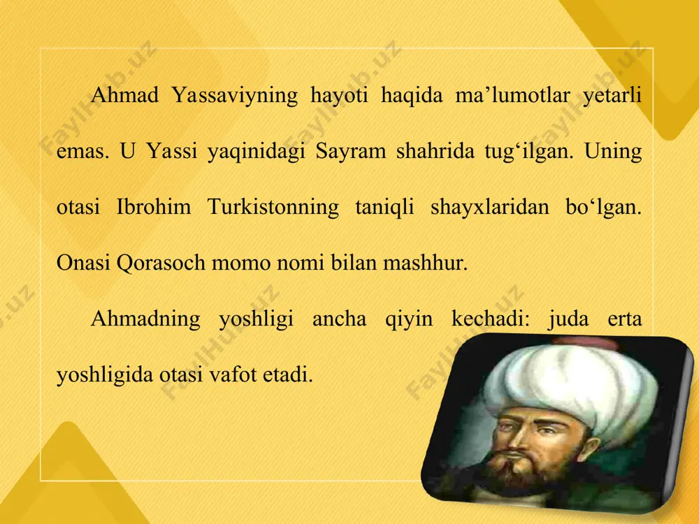 kerak. haqiqatni anglash o‘zlikni anglashdir. bunga erishmoq uchun kishining hidoyat yo‘liga kirmog‘i, butun kuch va vujudini shu yo‘lga qaratmog‘i kerak. ahmad yassaviy she’riyatidagi obrazlar tuzilishi ham tasavvuf ta’limoti bilan, ham og‘zaki ijod an’analari bilan chambarchas bog‘lanib ketgan. pir, darvish, oshiq, obid, oqil, zohid, ishq, tolib, ummat, rasul, shayton, iymon kabi obrazlar bevosita tasavvuf bilan bog‘lansa, yo‘l, rabot, karvon, o‘q kabilar og‘zaki ijod an’analari bilan aloqador holda yuzaga kelgan. ahmad yassaviy hikmatlari xalqona ruhi bilan o‘ziga xoslik kasb etadi. hikmatlar ahmad yassaviy maqbarasi (turkiston shahri) ishq da’vosin manga qilma, yolg‘on oshiq, oshiq bo‘lsang bag‘ring ichra ko‘z qoni yo‘q, muhabbatni shavqi birla jon bermasa, zoye kechar umri oni, yolg‘oni yo‘q. ishq bog‘ini mehnat tortib ko‘kartmasang, xorlik tortib shum nafsingni o‘ldirmasang. olloh debon ichga nurni to‘ldirmasang, valloh-billoh senda ishqni nishoni yo‘q. haq zikrini mag‘zi jondin chiqarmasang, uch yuz oltmish tomirlaring tebratmasang, to‘rt yuz qirq to‘rt so‘ngaklaring qul qilmasang, yolg‘onchidir, haqqa oshiq bo‘lg‘oni yo‘q. …