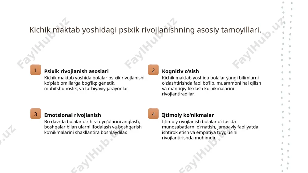 tiradi, ularning muammolarni hal qilish qobiliyatini oshiradi. kichik maktab yoshida kognitiv rivojlanishning asosiy bosqichlari. 1 kognitiv rivojlanish asoslari - kichik maktab yoshida bolalarning kognitiv rivojlanishi asosiy tushunchalar, tafakkur, xotira va diqqatning mustahkamlanishi bilan bog'liqdir. 2 o'rganish jarayonlari - bolalar maktabda yangi bilimlarni o'zlashtirish jarayonida tajriba orttiradilar. bu jarayonda kuzatish, baholash va tajriba qilish muhim ahamiyatga ega. 3 muammoni hal qilish - kichik maktab yoshida bolalar muammolarni hal qilish ko'nikmalarini rivojlantiradilar. ular mantiqiy fikrlash va ijodiy yondashuvni o'zlashtiradilar, bu esa ularning umumiy kognitiv qobiliyatlarini oshiradi. o'qish va matematikani o'zlashtirish: kognitiv jarayonlar. 1 o'qish jarayoni - o'qish, bolalarning til va fikrlash qobiliyatini rivojlantiradi. bu jarayonda so'z boyligini oshirish va matnni anglash muhim ahamiyatga ega. 2 matematik ko'nikmalar - matematikani o'zlashtirish, bolalarning mantiqiy fikrlashini va muammoni hal qilish ko'nikmalarini rivojlantiradi. bu, raqam va shakllarni tushunishni talab qiladi. 3 kognitiv rivojlanish - kognitiv rivojlanish, o'qish va matematikada ko'nikmalarni shakllantirishga yordam beradi. bu jarayon o'zaro …