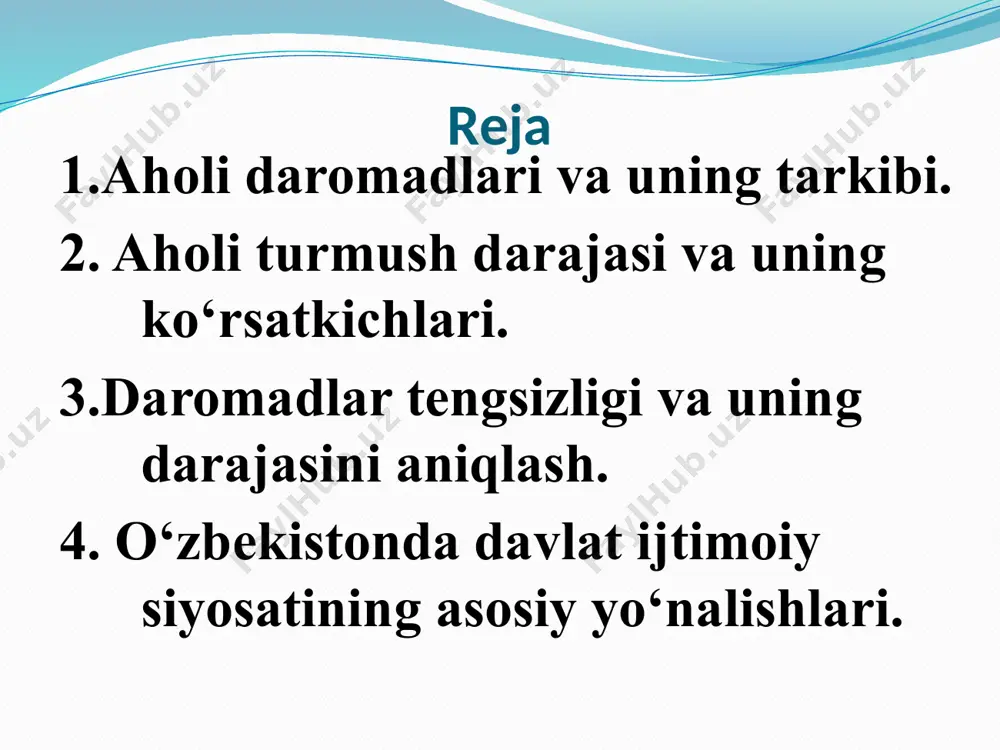 i o'zgarishini hisobga olib, aholining ixtiyorida bo‘lgan daromadga sotib olish mumkin boigan tovar va xizmatlar miqdorini ko‘rsatadi. aholining nominal pul daromadlari turli manbalar hisobiga shakllanadi va ularni quyidagicha umumlashtirish mumkin: ishlab chiqarish omillari hisobiga olinadigan daromad davlat yordam dasturlari bo‘yicha to‘lov va imtiyozlar shaklidagi pul tushumlari moliya-kredit tizimi orqali olinadigan pul daromadlari. o‘zbekistonda yaqin istiqbolda ham aholining real daromadlarini bosqichma-bosqich oshirib borish ko‘zda tutiladi. bu quyidagi yo‘nalishlarda amalga oshiriladi. • aholining real pul daromadlarini va xarid qobiliyatini oshirish; • kam ta’minlangan oilalarni va aholining daromadlari bo‘yicha farqlanishi darajasini yanada qisqartirish; • budjet muassasalari xodimlarining ish haqi, pensiya, stipendiya va ijtimoiy nafaqalarning hajmini inflatsiya sur’atlariga nisbatan jadal miqdorda bosqichma-bosqich oshirish. aholining moliya-kredit tizimi orqali oladigan pul daromadlari quyidagilardan iborat: sug‘urta bo‘yicha to‘lovlar; shaxsiy uy qurilishiga va matbuot jamiyati a’zolariga bank ssudalari; qo‘yilmalar bo‘yicha foizlar; aksiya, obligatsiya bahosining ko‘payishidan olinadigan daromad va zayom bo‘yicha toiovlar; lotereya bo‘yicha yutuqlar; tovarlarni kreditga sotib olish …