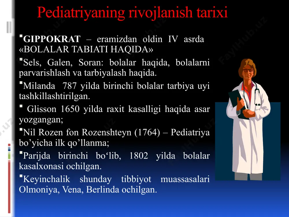 axlat, ekksudat, balg’am, yiring va boshqalar). organ, to’qima, organizm suyuqliklari va ajralmalarni morfologik tekshirish. instrumental tekshirishlar (ekg, rentgenologik, nafas funksiyasi, izotop tekshirish, ultratovush, endoskopik usullar va boshqalar). yoshga oid davrlar klassifikasiyasi (gundobin nikolay petrovich, 1906) i tayyorgarlik davri ii bachadon-ichi rivojlanish davri iii postnatal davr i. tayyorgarlik davri nasl qoldirishning shakllanib borish davri biologik ota-onaning somatik va reproduktiv salomatligi shakllanish davri (ota-onalik gametalarning shakllanishi) konsepsiyadan oldingi davr (2-4 oy) bolalik davrlari quyidagilarga boʻlinadi: a. ona qornida rivojlanish davri (intranatal davr). a) embrional rivojlanish fazasi (iii oygacha) b) plasentar (yoʻldosh) rivojlanish fazasi (iii oydan tug'ilgunga qadar) b. ona qornidan tashqarida rivojlanish davri (postnatal davr) a) chaqaloqlik davri - 4 haftalikgacha (28 kun) b) emizikli yosh davri - 4haftalikdan 12 oygacha v) bog'chagacha (yasli) yoshdagi davri - 1-3 yoshgacha g) maktabgacha yoshdagi davri - 3-6 yoshgacha d) kichik maktab yoshdagi davri -7-11 yoshgacha e) katta maktab yoshdagi davri - 12-17 yoshgacha ii. …