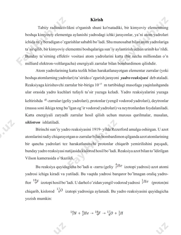 qori chastotali elektromagnit nurlanish vodorodi bor moddalardan protonlami ajratib chiqarish va ularga katta tezliklar berish xususiyatiga ega ekan», degan so’zlar bilan yakunlashadi. bir qarashda hodisa tushunarliga o’xshab ko’rinar edi. lekin, shu bilan birga, ko’p narsa tushunarsiz edi. masalan, katta energiyali bunday fotonlar qayoqdan olinadi? nima uchun o’z energiyalarini protonlarga berayotgan fotonlar o’sha vaqtda qo’rg’oshin atomlari bilan o’zaro ta’sirlashmaydi? bu tajriba natijalari bilan ingliz fizigi j. chedvig qiziqib qoladi. darhol u tajribalar o’tkazadi, o’lchashlami amalga oshiradi. jolio-kyurilar o’tkazgan tajribalami takrorlaydi va tekshiradi. chedvig eksperimental qurilmasining sxemasi 1.1- rasmda keltirilgan. 1 vakuumli kamerada sirtiga α-zarralar manbayi bo’lgan poloniy po surtilgan d disk o’matilgan. poloniydan nurlangan α-zarralar bilan berilliy be plastinkasi bombardimon qilinganda, berilliy yadrosi α-zarrani o’ziga qo’shib oladi va neytronni chiqarib, uglerod yadrosiga aylanadi: 1.1-rasm hosil bo’lgan neytronlar kameraning yupqa devoridan va pb qo’rg’oshin plastinkadan o’tib, parafin qopqoqqa tushadi va unda sekinlashadi. parafin qopqoqdan chiqqan tepki yadrolar — protonlar 2 ionizatsion kameraga …