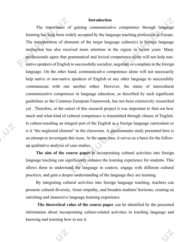 n and selection procedures chapter ii. results of the statistical study comment by mouse: you may provide practical implications in chapter 2/ provide practical examples and strategies for implementing cultural activities in language teaching, including lesson plans, resources, and assessment methods. 2.1. frequency of civilization-related activities in the english lesson 2.2. the effects of a longer stay abroad on the frequency of cultural activities 2.3. country focus and coursebook evaluation conclusion references introduction the importance of gaining communicative competence through language learning has long been widely accepted by the language teaching profession in europe. the incorporation of elements of the target language culture(s) in foreign language instruction has also received more attention in the region in recent years. many professionals agree that grammatical and lexical competence alone will not help non-native speakers of english to successfully socialize, negotiate or complain in the foreign language. on the other hand, communicative competence …