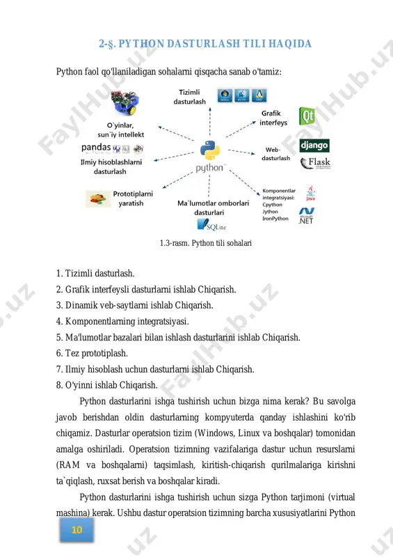 onty python. • python dasturlash tilidagi kompilator/interpretator(a.k.a. cpython). 1.10-rasm. tiobe natijalari dasturlash tilining mashhurligini ishlab chiquvchilar orasida eng ommabop resurs - stack overflowdagi teglar sonining dinamikasi bilan kuzatish mumkin. shunday qilib, grafikaga ko'ra, pythonning o'sishi 2010 yilda boshlangan va 2015 yilda tezlashdi. pythonni eski til deb atash mumkin - u 1991 yilda, ya'ni deyarli 31 yil oldin paydo bo'lgan. bu vaqt ichida u asta-sekin atrofiga katta jamoani to'pladi. 1.11-rasm. dasturlash tillari reytingi python birinchi dasturlash tili sifatida ishonchli tavsiya etilishi mumkin. gap shundaki, python uzoq vaqtdan beri mavjud va u haqida juda ko'p yaxshi darsliklar yozilgan. u oddiy, "inson" tiliga o'xshash tushunarli sintaksisga ega va u xatolarni ham tushuntiradi. masalan, undagi ma'lumotlar turini ko'rsatish shart emas, faqat o'zgaruvchini e'lon qilish kifoya. python kontekstdan uning butun son, haqiqiy son, mantiqiy yoki boshqa biror tipda ekanligini avtomatik aniqlaydi. bu yangi boshlanuvchilar uchun katta afzallik. agar siz c++ da dasturlashtirgan bo‘lsangiz, biror joyda …