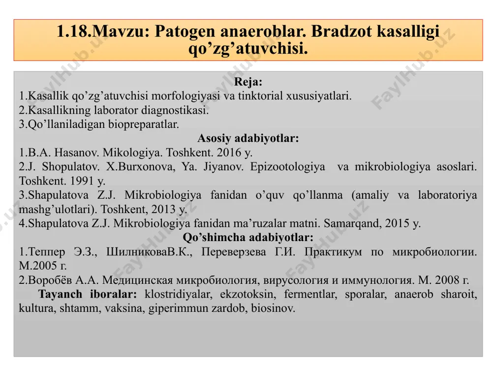 hgan. kasallikning klinik ko`rinishi. kasallikning tarqalishi va qo`ylarning o`limi. kultiral xususiyatlari. sl.septicum-jiddiy anaerob. optimal harorati 370s, ph -7,6. oziq muhitning intensiv ravishda bir xilda loyqalanib, ko’p gaz hosil bo’lishi bilan xarakterlanadi. kitt-tarossi muhitida intensiv o’sadi, 16-24 soatdan keyin muhit bir xilda loyqalanib, gaz hosil bo’ladi. 48 soatdan keyin mikroblar cho’kib, bulon tiniqlashadi. miyali muhitda o’sganida u qoraymaydi, lekin gaz hosil bo’ladi. tik agarda nozik , diamtri 1-2 mm markazi zich, atrofi ip chigali singari koloniyalar hosil qiladi. seyssler agarida nozik, rangsiz, harir ro’molsimon chetlari qirqilganday o’sadi. koloniya gemoliz zonasi bilan o’ralgan. sut sekin iviydi (3-5 kundan keyin), kazein quyqasi peptonlashmaydi. biokimyoviy xususiyatlari. glyukoza, laktoza, galaktoza, maltoza, levulyoza va salisinlarni parchalab, kislota va gaz hosil qiladi. gliserin va mannitni parchalamaydi. juda kam hollarda saxarozani parchalaydi. bu xususiyat sl.septicumni cl.shauvoei dan farqlashda qo’llaniladi. chunki cl.shauvoei saxarozani doim parchalaydi. sl.septicum jelatinani eritadi, lakmusli sutni ivitib, kislota va gaz hosil qiladi. indol hosil qilmaydi. …