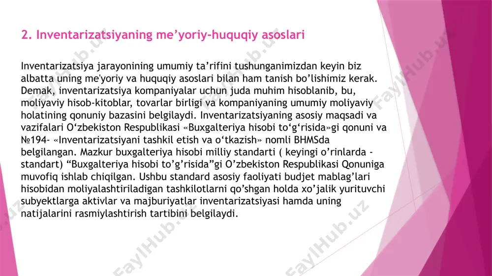 moddiy javobgar shaxslar almashganida yoki moddiy boyliklarning qabul qilinishi va berilishida qoidabuzarlik holatlari to‘g‘risida rahbariyatga bildirilganida yoki boshqa turdagi suiiste’mol qilish hollarida o‘tkaziladi. tovar-moddiy boyliklar qayta baholanish oldidan ham inventarizatsiya qilinishi mumkin. shuningdek, rejadan tashqari inventarizatsiya tabiiy ofat (yong‘in, sel, suv toshqini), o‘g‘irlik, moddiy javobgar shaxslarning ta’tilga chiqishi yoki kasal bo‘lish hollarida ham o‘tkaziladi. takroriy inventarizatsiya o‘tkazilgan inventarizatsiyaning ishonchliligi, haqqoniyligi va sifatiga shubha vujudga kelgan hollarda tayinlanadi. - nazorat tekshiruvi esa inventarizatsiya jarayoni yakunlanganidan so‘ng inventarizatsiya o‘tkazishning to‘g‘riligi inventarizatsiya komissiyasi a’zolari va moddiy javobgar shaxslar ishtirokida inventarizatsiya o‘tkazilgan omborxonalar ochilishidan oldin o‘tkazilishi shart. bunday tekshiruv tekshirilgan mulklarning 10% idan kam bo‘lmagan qismini qamrab olishi lozim. e’tiboringiz uchun rahmat! /docprops/thumbnail.jpeg