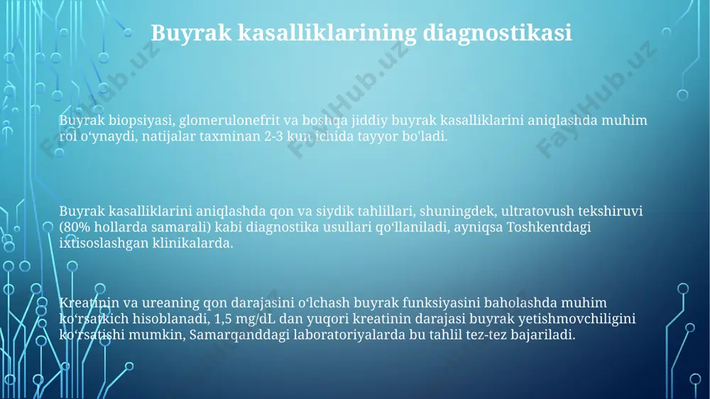 qismlarida tarqalgan. buyrak arteriyasi buyrakka qon olib keladi va uning shoxchalari, taxminan 1 millimetrga yaqin diametrli, buyrakning korteksi va medulla qismlariga qon ta'minlaydi, shu orqali filtrlash jarayoni amalga oshiriladi. buyrak piramidalarining uchlari, papilla deb ataladigan, kichik choʻqqilar hosil qilib, katta buyrak kosachalariga ochiladi va siydikni toʻplaydi, keyin esa siydik yoʻliga oʻtadi. buyrakdagi elektrolitlar balansini tartibga solish buyraklar qonda gidrogen ionlari (h+) konsentratsiyasini tartibga solish orqali qonning ph darajasini (7,35-7,45) saqlaydi; bu jarayon buyrak naychalarida gidrogen ionlarining sekresiyasi va bikarbonatning reabsorbsiyasi orqali amalga oshiriladi. buyraklar qondagi natriy (na+), kaliy (k+), xlor (cl−) va bikarbonat (hco3−) kabi elektrolitlarning konsentratsiyasini 140-150 meq/l, 3.5-5.0 meq/l, 95-105 meq/l va 22-28 meq/l oralig‘ida saqlash orqali tartibga soladi. buyraklarning aldosteron gormoni ta’sirida distal buyrak naychalari va yig‘uvchi naychalarda natriy reabsorbsiyasi va kaliy ekskretsiyasi jarayonlarini boshqarishi, elektrolitlar muvozanatini saqlashda muhim ahamiyatga ega. masalan, amerika qo'shma shtatlarida buyrak yetishmovchiligi bilan og'rigan bemorlarda kaliy darajasini kuzatish juda muhimdir. buyrak kanalchalarining …