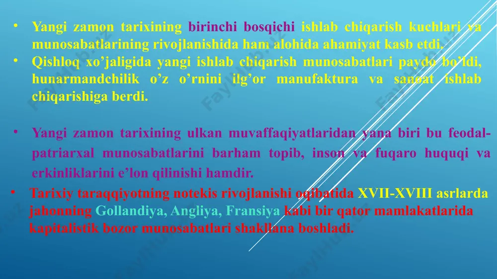 ratli iqtisodga ega bo‘lishini ta’minladi. ammo yangi zamon davrining oxirgi davri yoki xx asrning birinchi choragi yoki xx asrning 30 yillarigacha bo‘lgan davrni o‘rganish masalasi muammoligicha turibdi. shu bilan birga xvi asrda evropaning qator davlatlarida kapitalizm amalda feodalizm ustidan g‘olib kelgan bo‘lsa, yana ayrim davlatlarda bu jarayon xix asrda ham davom etgan va yakuniga etmagan edi. bugungi kunda ko‘plab tarixchilar yangi zamon tarixini 1789-yilda boshlangan fransuz burjua inqilobi sanasi bilan bog‘lashni taklif etmoqda. marksistik tarixchilar esa yangi zamon tarixi ingliz inqilobi sanasi bilan boshlanganligini uqtirib kelmoqda. fransuz tarixchisi va olimi jan boden «tarixni oson o‘rganish usullari» (1566-yil nashr qilingan) asarida birinchi marta o‘rta asrlar davridan keyingi tarixni yangi tarix deb atashni taklif qilgan. bu asarda turklar tomonidan konstantinopolning 1453-yilda egallanishidan keyingi davr yangi tarix deb atalgan. gall universiteti professori kristof keller o‘zining «universal tarix» (1685-yilda nashr qilingan) asarida insoniyat tarixini qadimgi (buyuk konstantingacha), o‘rta asrlar davri (1453-yilgacha) va yangi (1453-yildan …