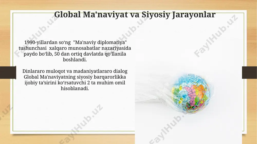 lat va hududlardagi turli madaniyatlarini o'z ichiga oladi, bu esa ma'naviy birlikka erishish uchun murakkab, ammo muhim omil hisoblanadi. individual ma'naviy rivojlanishining 3 bosqichi - o'z-o'zini anglash, boshqalar bilan bog'lanish va universal qadriyatlarga integratsiya - madaniy xilma-xillik kontekstida ma'naviy birlikka olib keladi. global ma'naviy harakatlar global ma'naviy harakatlarning asosiy maqsadlaridan biri – insoniyatning umumiy qadriyatlarini, masalan, tinchlik, adolat va hamjihatlikni targ'ib qilishdir, bu jarayon 150 dan ziyod mamlakatda amalga oshiriladi. ma'naviy rivojlanish dasturlari soni so'nggi 10 yilda 3 baravar oshdi, bu esa global ma'naviy harakatlarning kengayayotgan ta'sirini ko'rsatadi. ma'naviy rivojlanishning global oqibatlari ma'naviy rivojlanishning globalizatsiya jarayoniga ta'siri natijasida 2023 yilda 15% ga yaqin global madaniy almashinuv kuzatildi. dunyo bo'ylab 7 milliarddan ortiq aholi orasida kamida 3 milliard kishi ma'naviy amaliyotlar bilan shug'ullanib, transmilliy ma'naviy tendentsiyalarni shakllantirishda ishtirok etmoqda. e'tiboringiz uchun rahmat @taqdimot_robot image7.jpg image8.jpg image9.jpg image10.jpg image11.jpg image12.jpg image13.jpg image14.jpg image15.jpg image16.jpg image17.jpg image18.jpg image19.jpg image20.jpg image21.jpg image22.jpg image23.jpg image3.png …