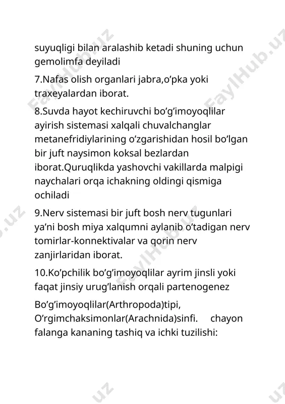 hisoblanadi. biz ularning tuzilishini, joylanishini va bajaradi qisqichbaqaning qorin qismi 6 segmentdan iborat. shunga muvofiq unda 6 juft oyoqlar mavjud. bularning eng oxirgisi-oltinchi jufti suzgich plastinkalar yoki uropodalardir. ular bo‘g‘imlarga bo‘linmagan va ancha yassilangan. uropodalar qisqichbaqa tanasining oxirida joylashgan telson bilan birgalikda suzgich yoki "dum elpig‘ichi" ni hosil qiladi. uning yordamida qisqichbaqa orqa tomoni bilan oldinga qarab ham suza oladi. qisqichbaqaning qorin qismidagi hamma oyoqlari ikkita ayrichadan-ichki endopodit va tashqi ekzopoditlardan iboratdir (56-rasm). ko‘krak qismi 8 segmentdan tashkil topgan bo‘lib, ularda uch juft jag‘oyoqlar va 5 juft yurish oyoqlari joylashgan. xulosa bo’g’imoyoqlilar tipi boshqa tiplarga nisbatan keng tarqalgan bo’lib umurtqasizlar ichida murakkab tuzilgan hayvonlardir.bu tip 3 kichik tipga jabra bilan nafas oluvchilar, xеlitsеralilar va traxеyalilarga bo’linadi. traxеyalilarga ko’poyoqlilar va hasharotlar sinfi kiradi.hasharotlar – insecta 2 kеnja bo’limga bo’linadi. tashqi tuzilish, integument artropodlar ikki tomonlama nosimmetrik hayvonlardir.ularning segmentlangan tanasi va bo'g'imlari bor (shuning uchun "artropodlar" nomi bilan bog'liq). artropodlar tanasining bo'shlig'i …